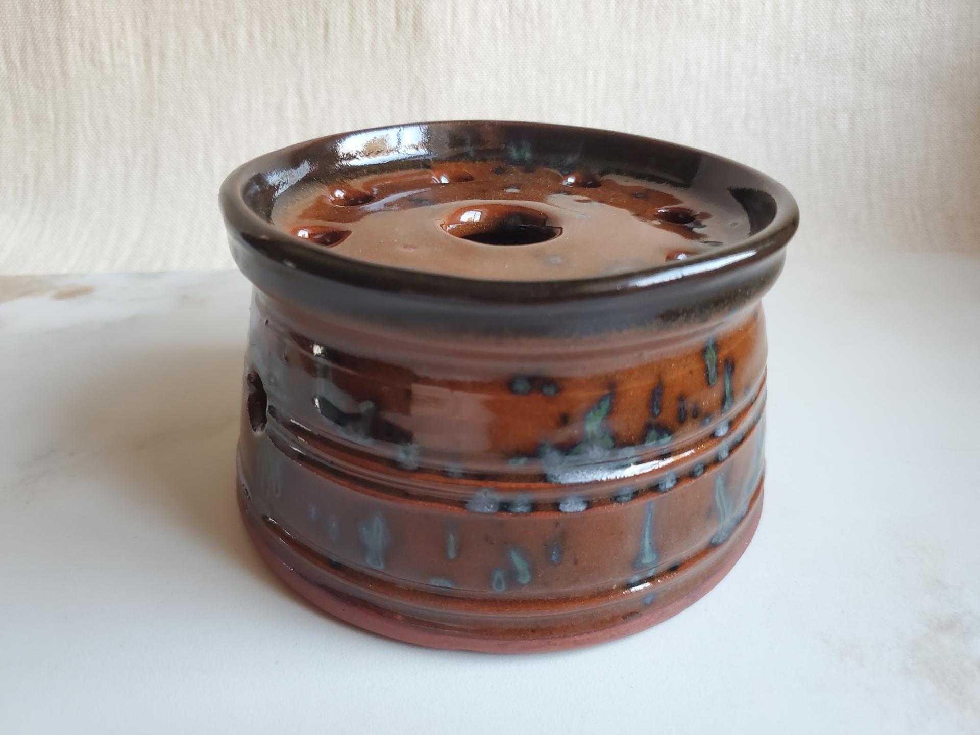 Large Redware Soap Dish with Black Spangles and Black Glaze Accents