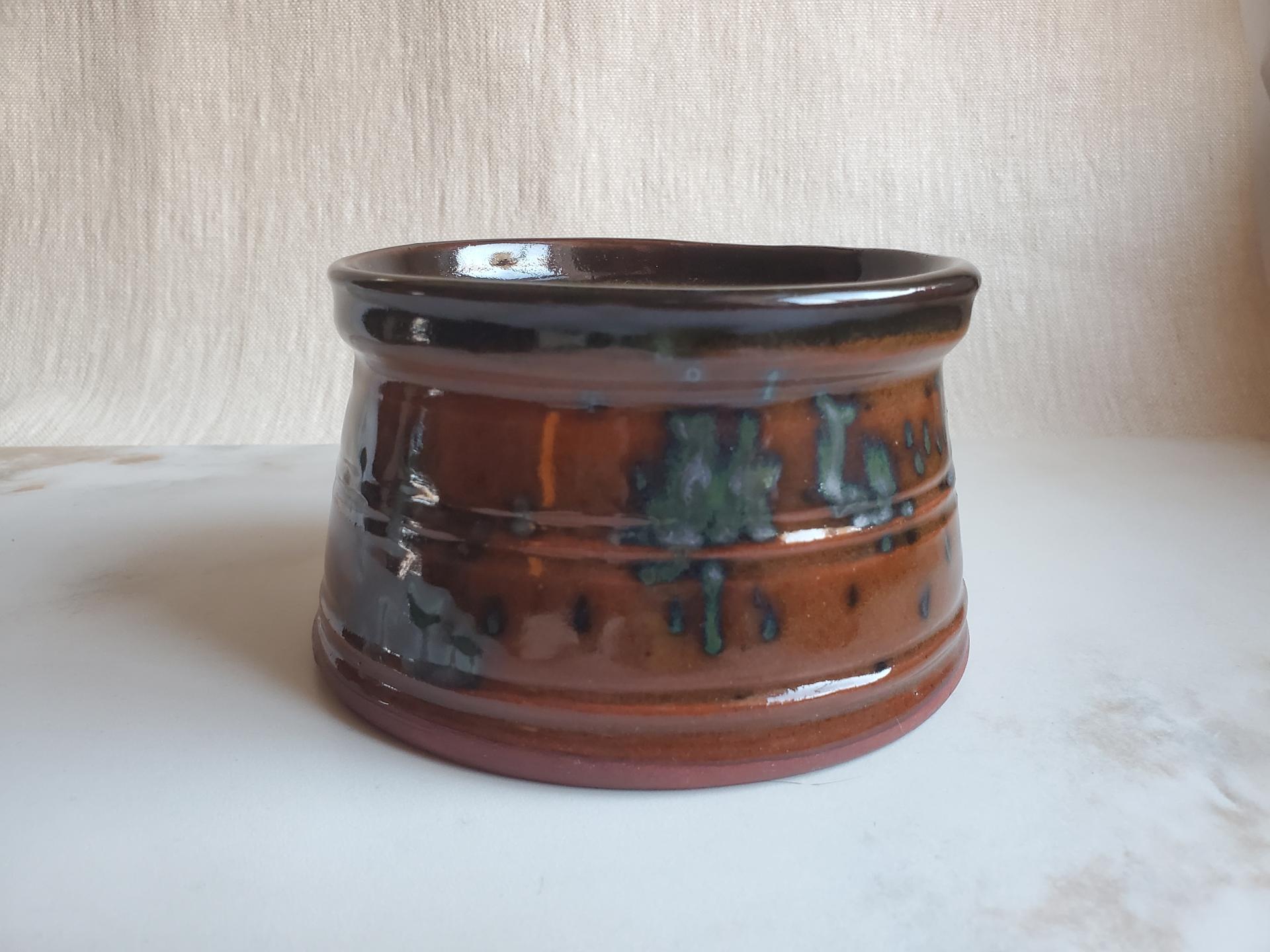 Large Redware Soap Dish with Black Spangles and Black Glaze Accents