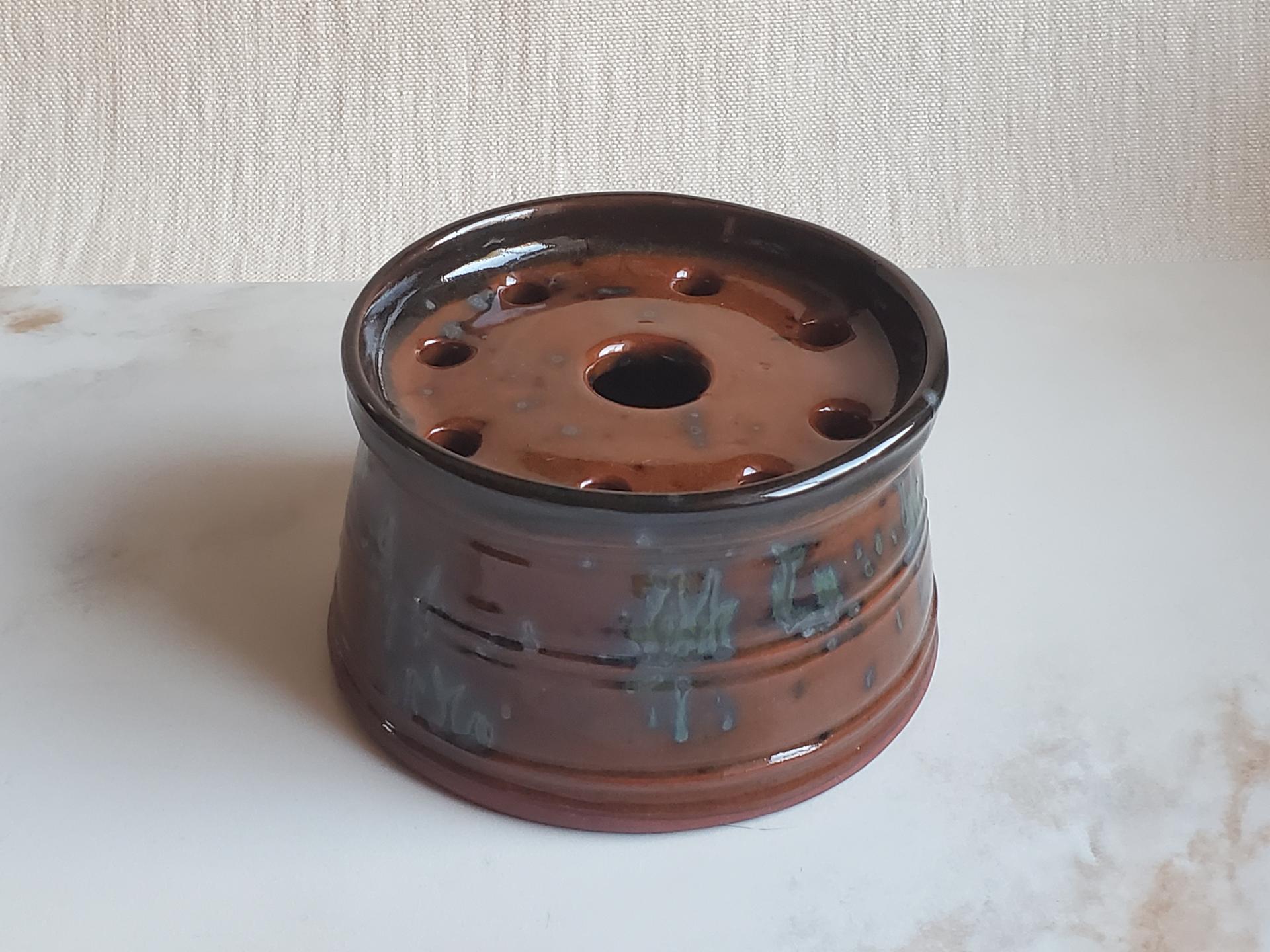 Large Redware Soap Dish with Black Spangles and Black Glaze Accents