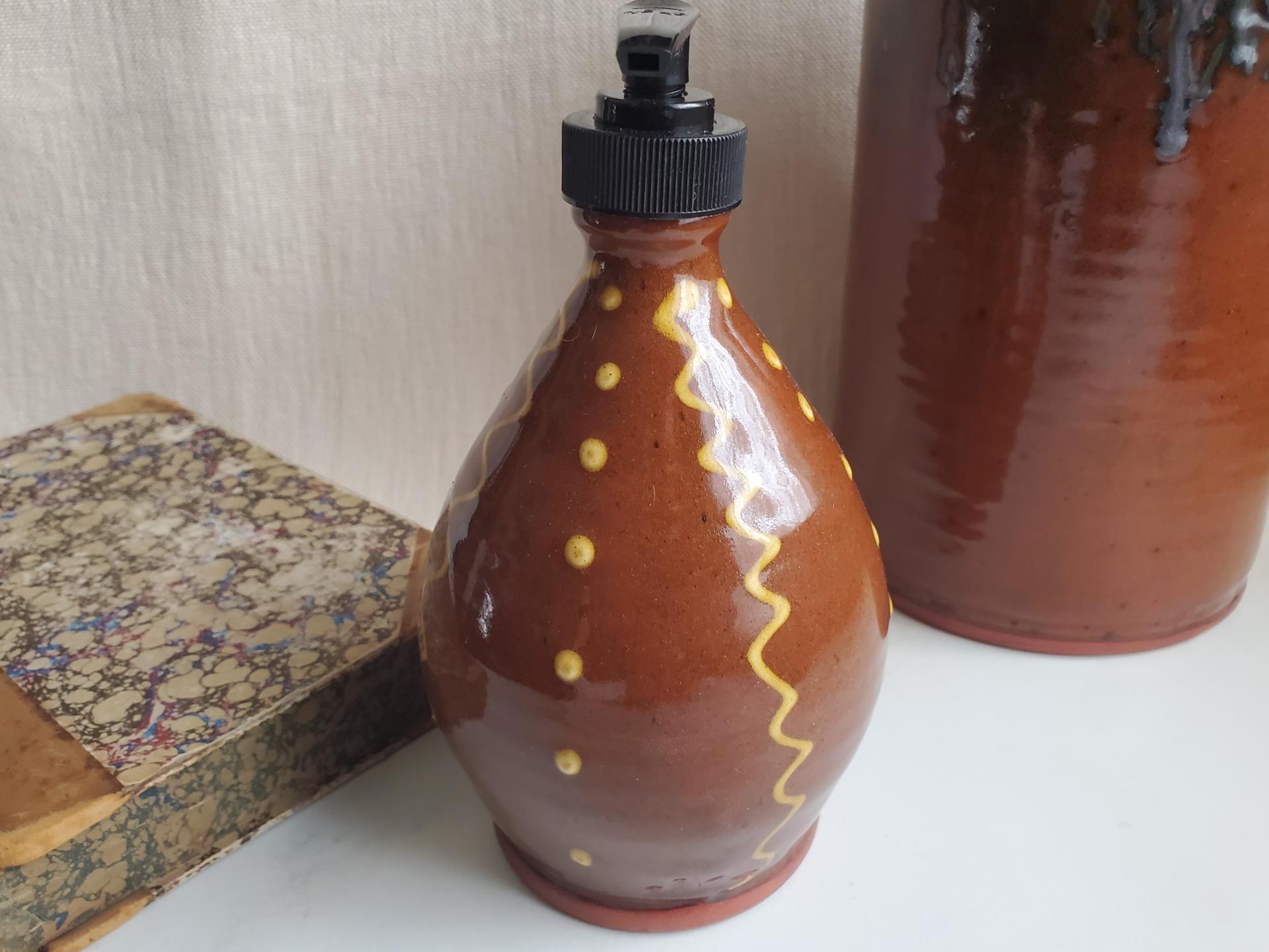 Redware Soap/Lotion Dispenser with Squiggles & Dots Decoration (a)