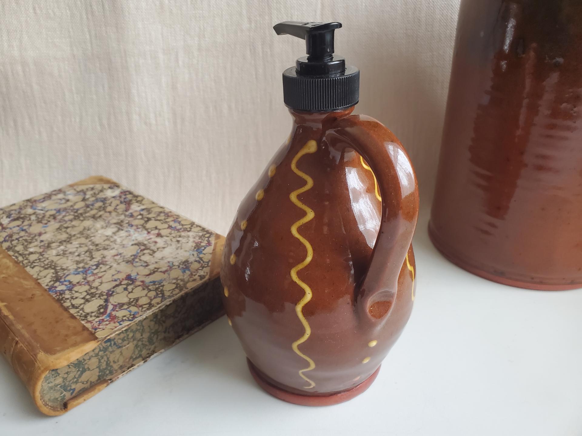 Redware Soap/Lotion Dispenser with Squiggles & Dots Decoration (a)