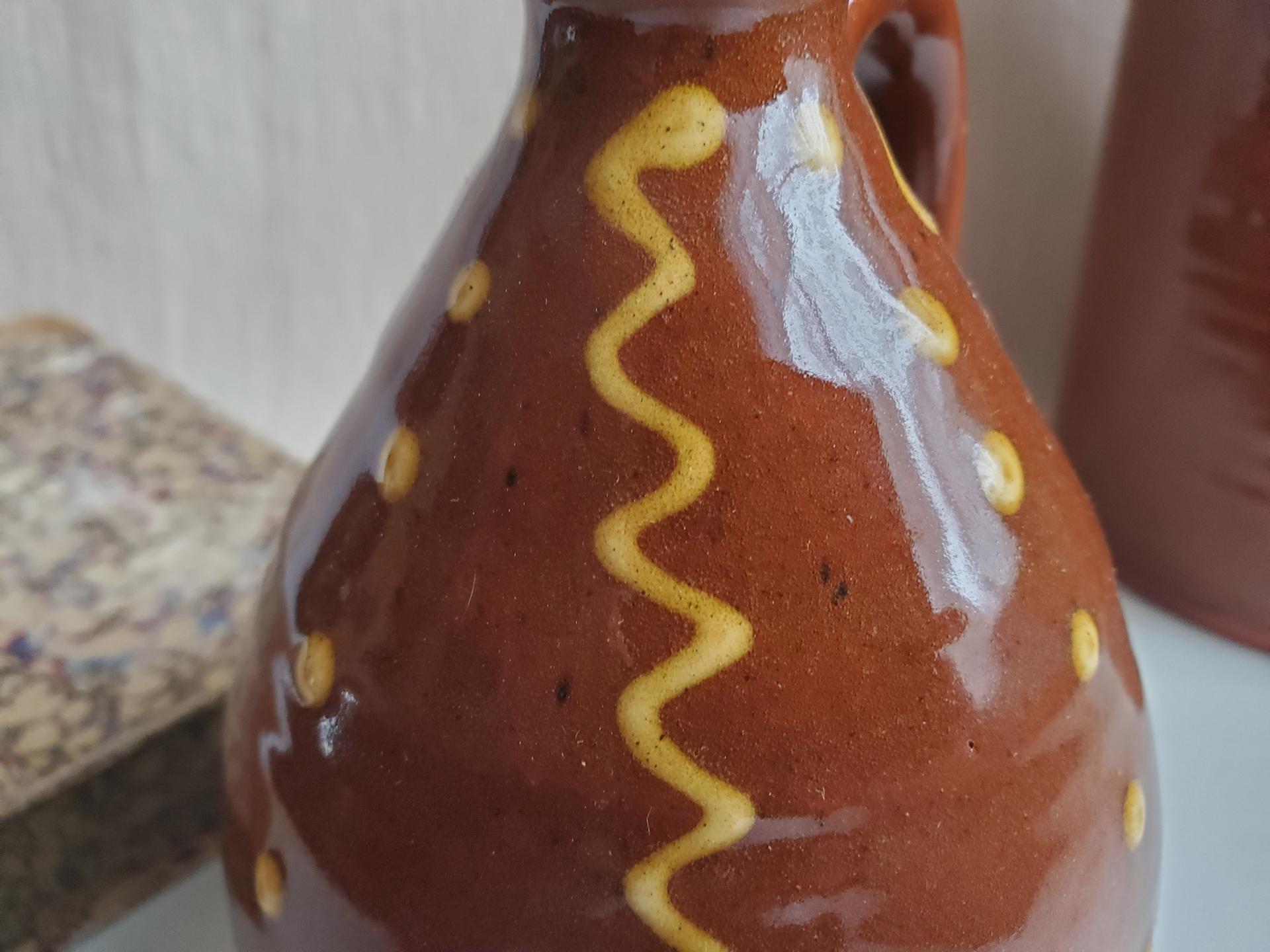 Redware Soap/Lotion Dispenser with Squiggles & Dots Decoration (a)