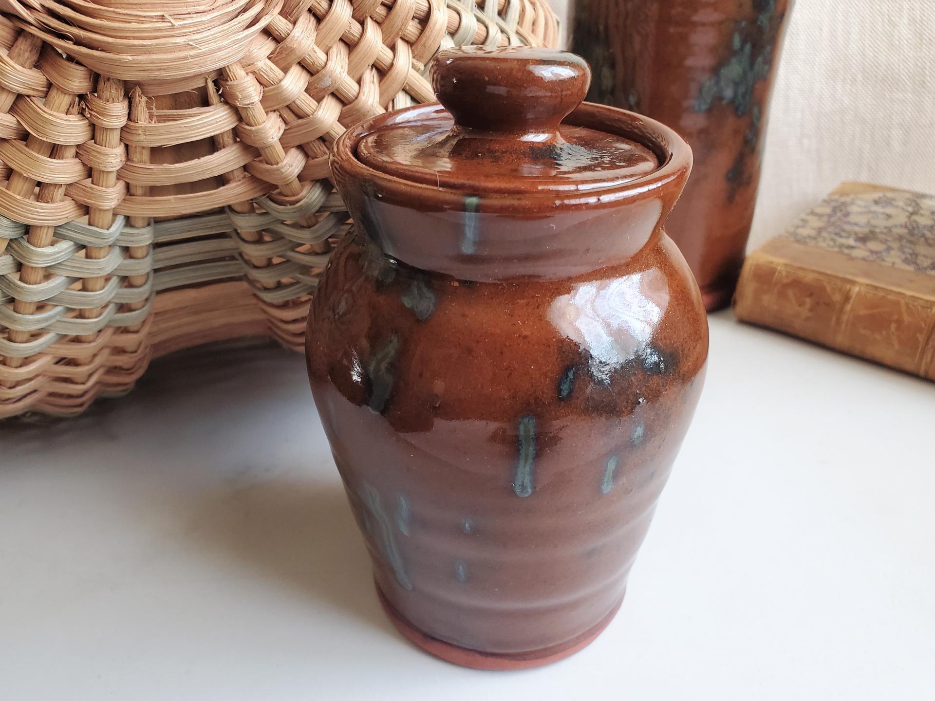 Redware Sugar or Spice Jar with Spangles (a)