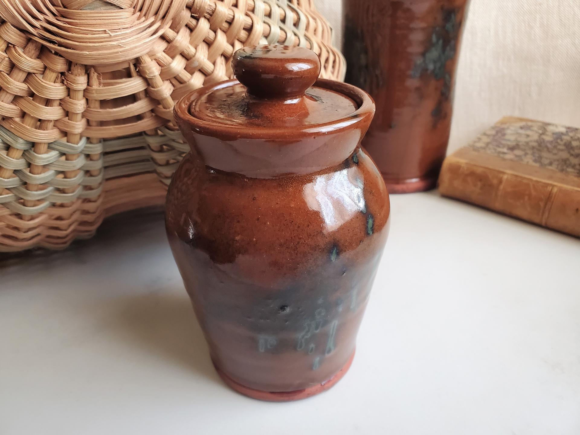 Redware Sugar or Spice Jar with Spangles (a)