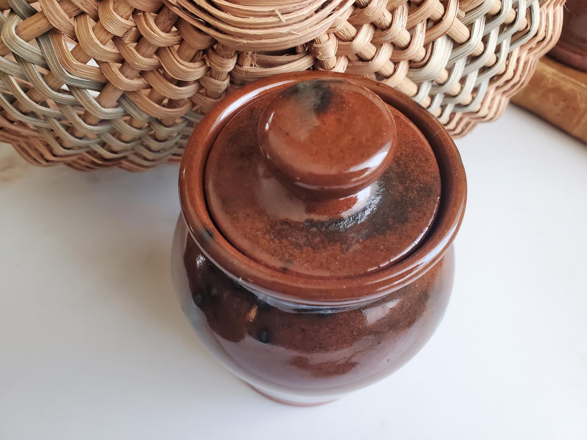 Redware Sugar or Spice Jar with Spangles (a)