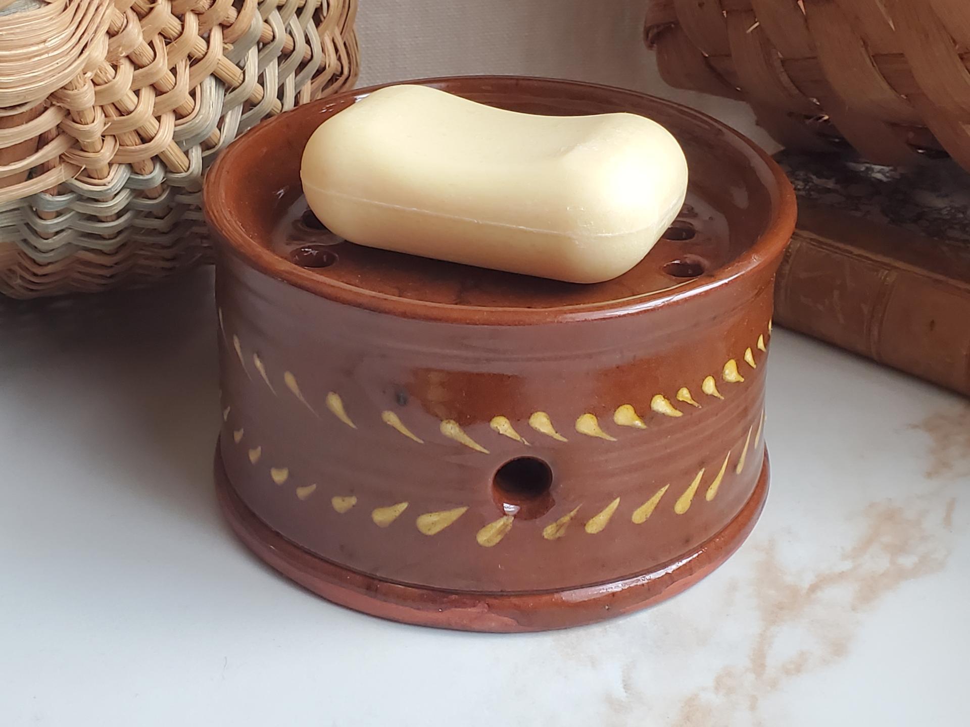 Large Redware Soap Dish with Slip Decoration
