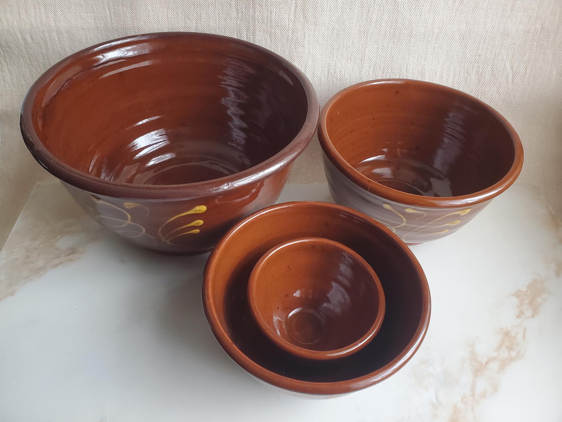 Redware Nesting Bowls with Feather Motif