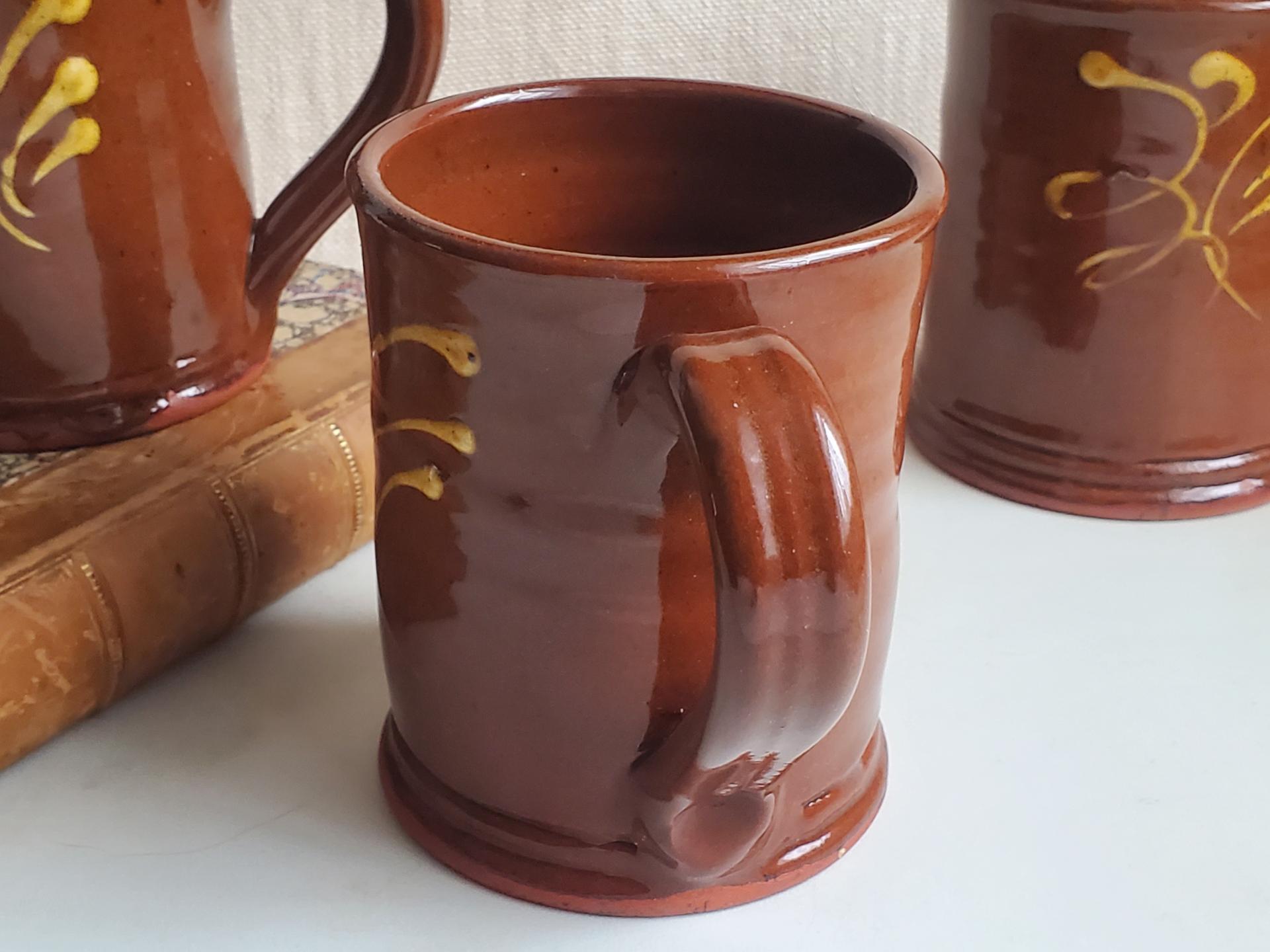 Redware 12 oz. Mug with "Feather" Slipware Motif