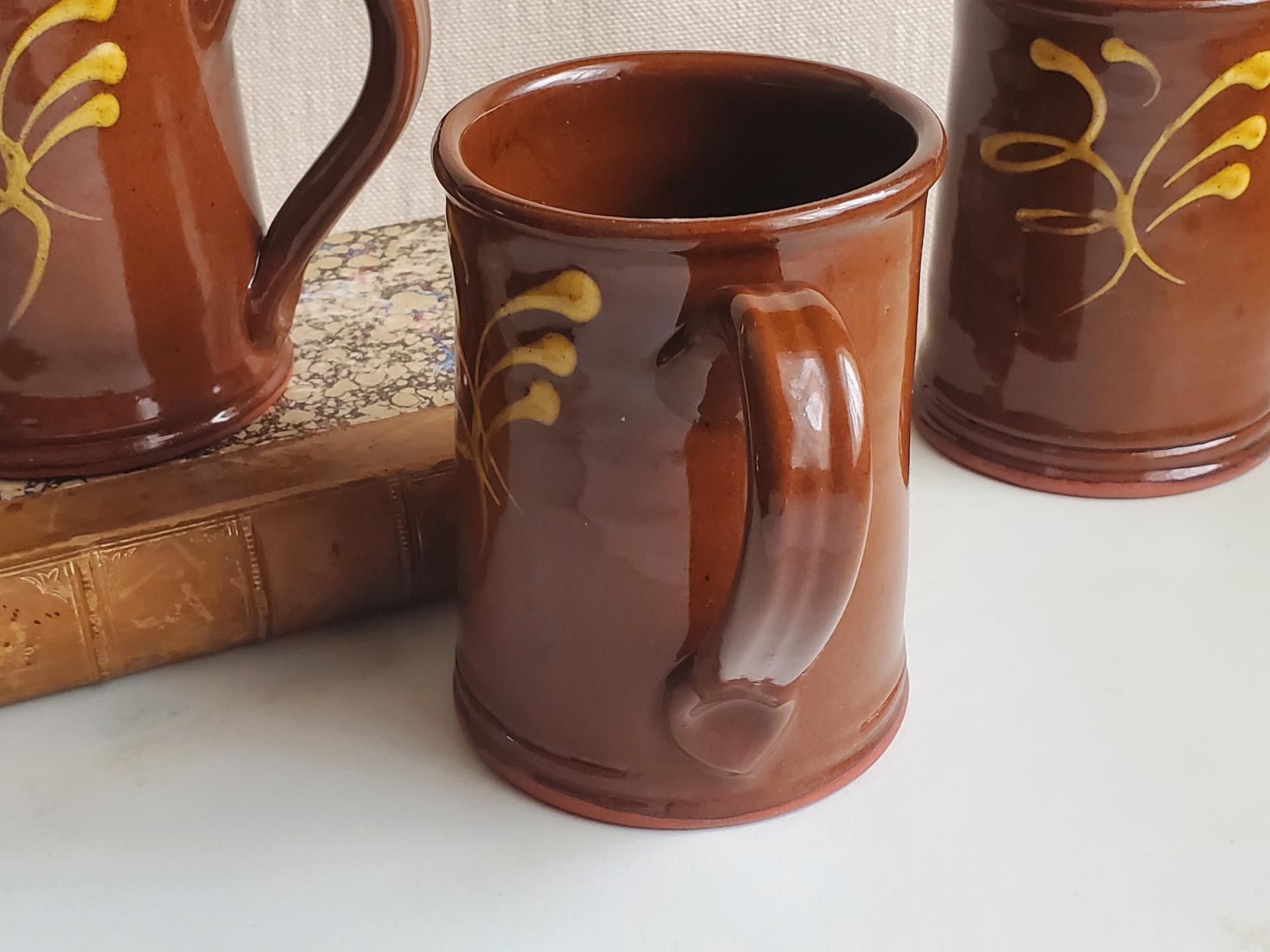 Redware 16 oz. Mug with "Feather" Slipware Motif