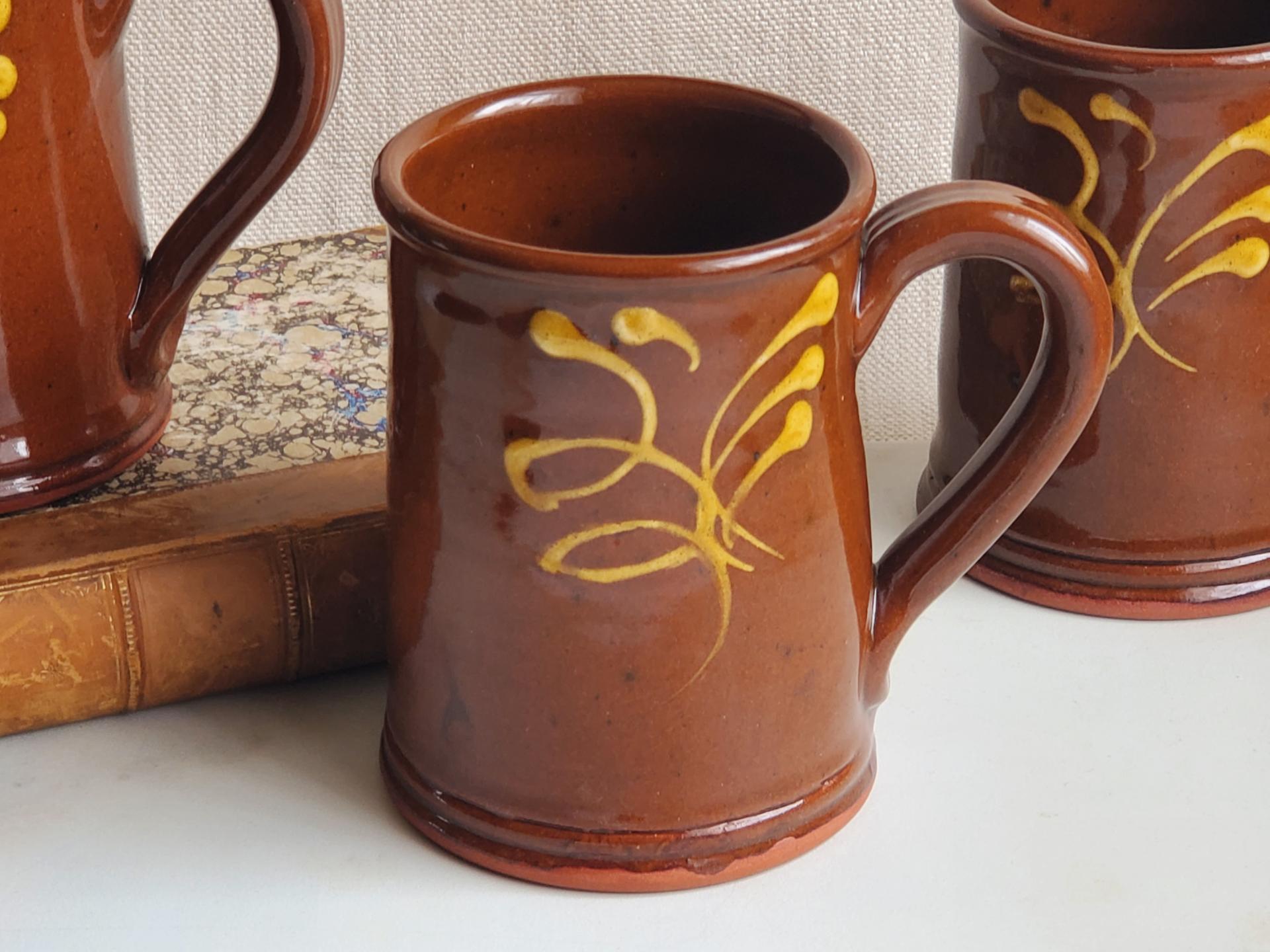 Redware 16 oz. Mug with "Feather" Slipware Motif