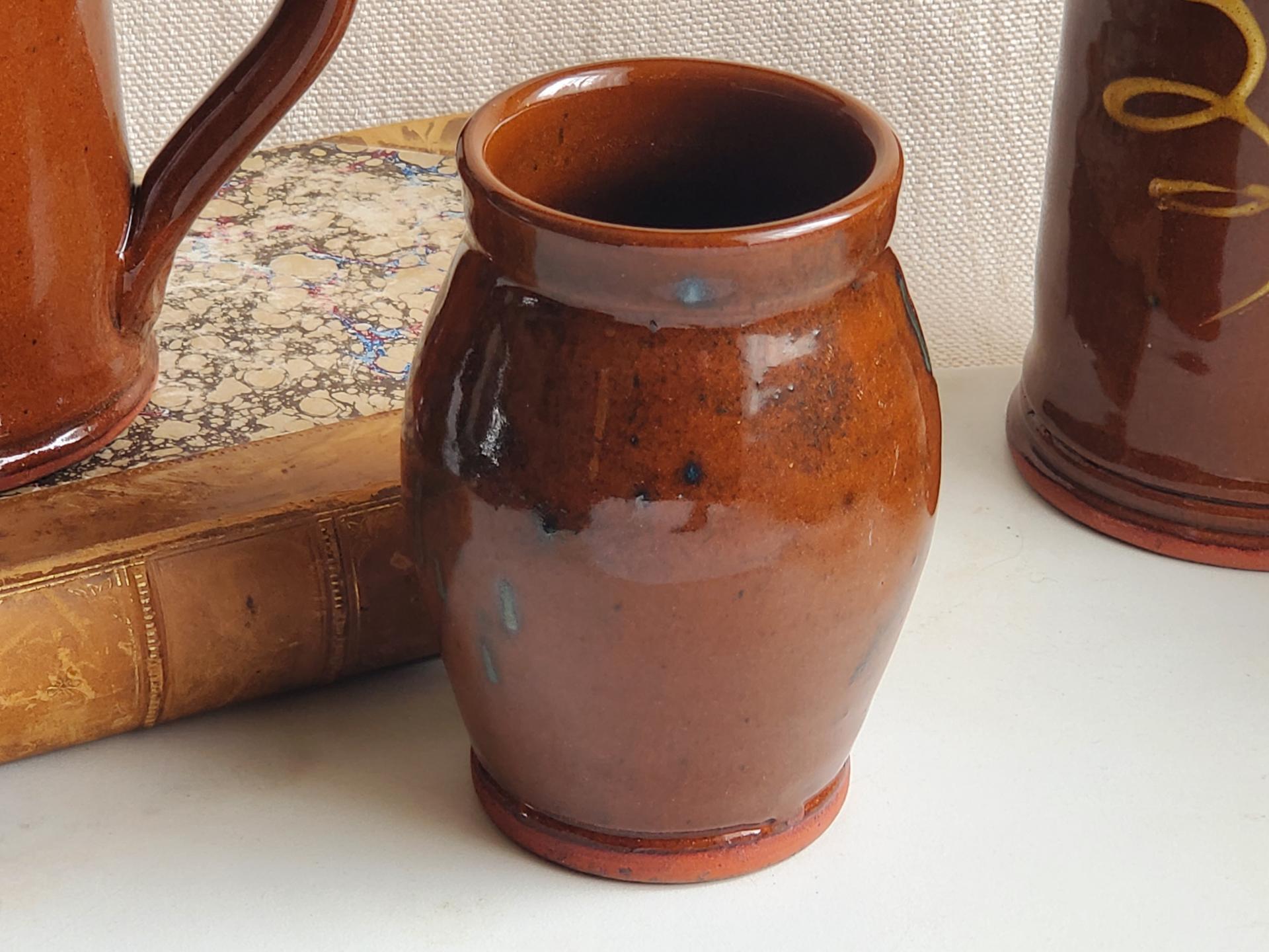 Small Redware Jar, Toothbrush Holder with Spangles (No Cover)