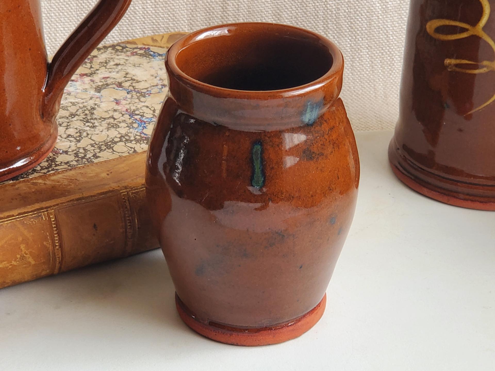 Small Redware Jar, Toothbrush Holder with Spangles (No Cover)