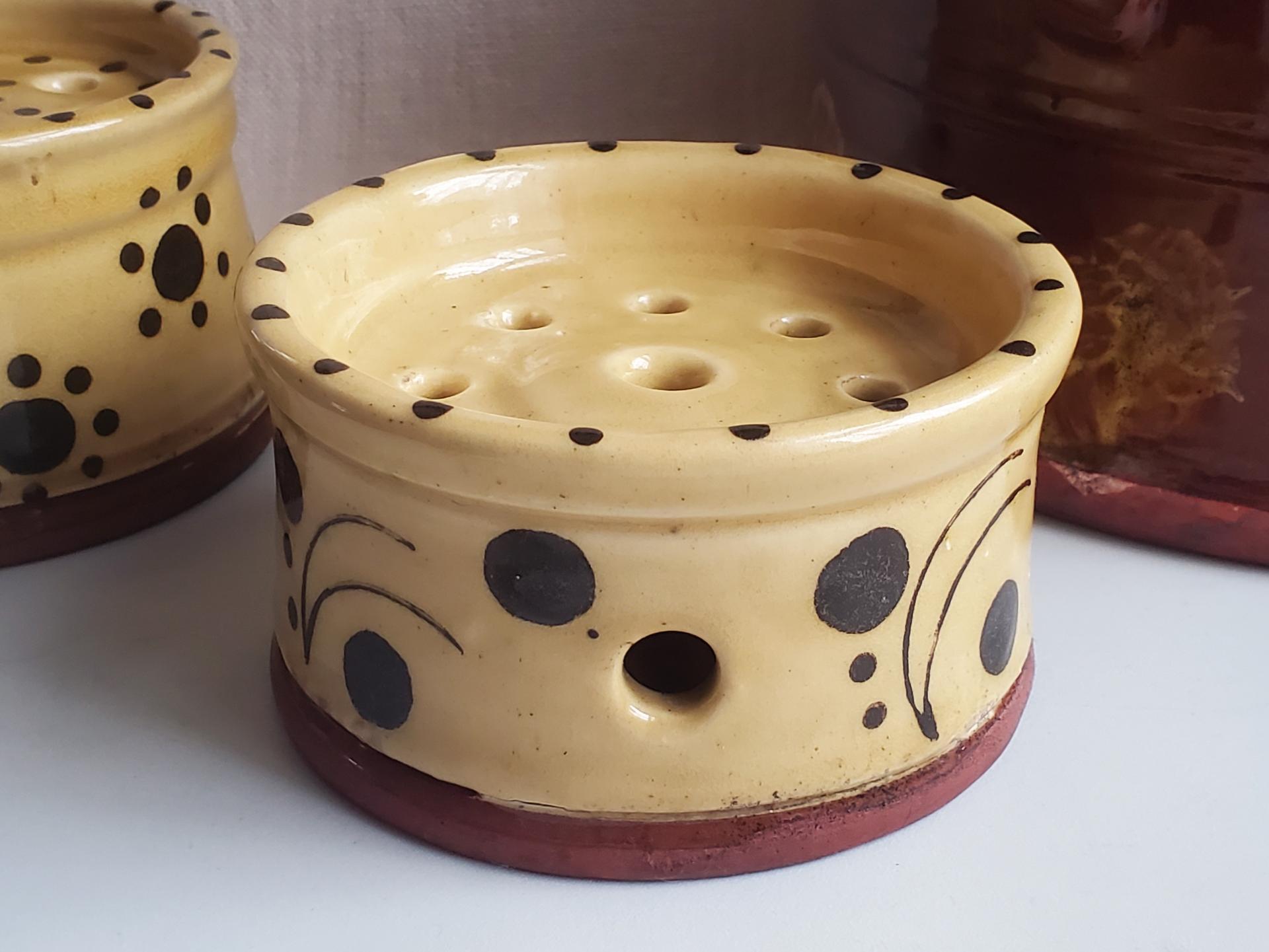 Redware Soap Dish with Stamped Arch and Dot Pattern
