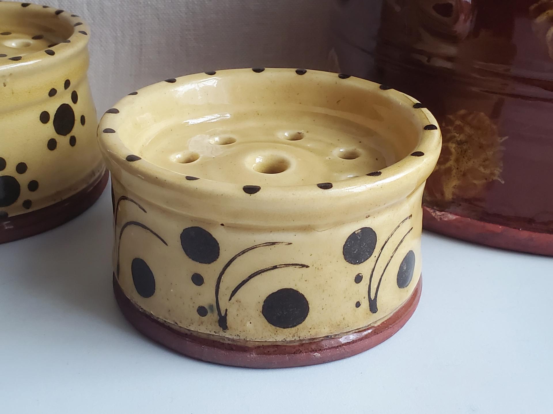 Redware Soap Dish with Stamped Arch and Dot Pattern