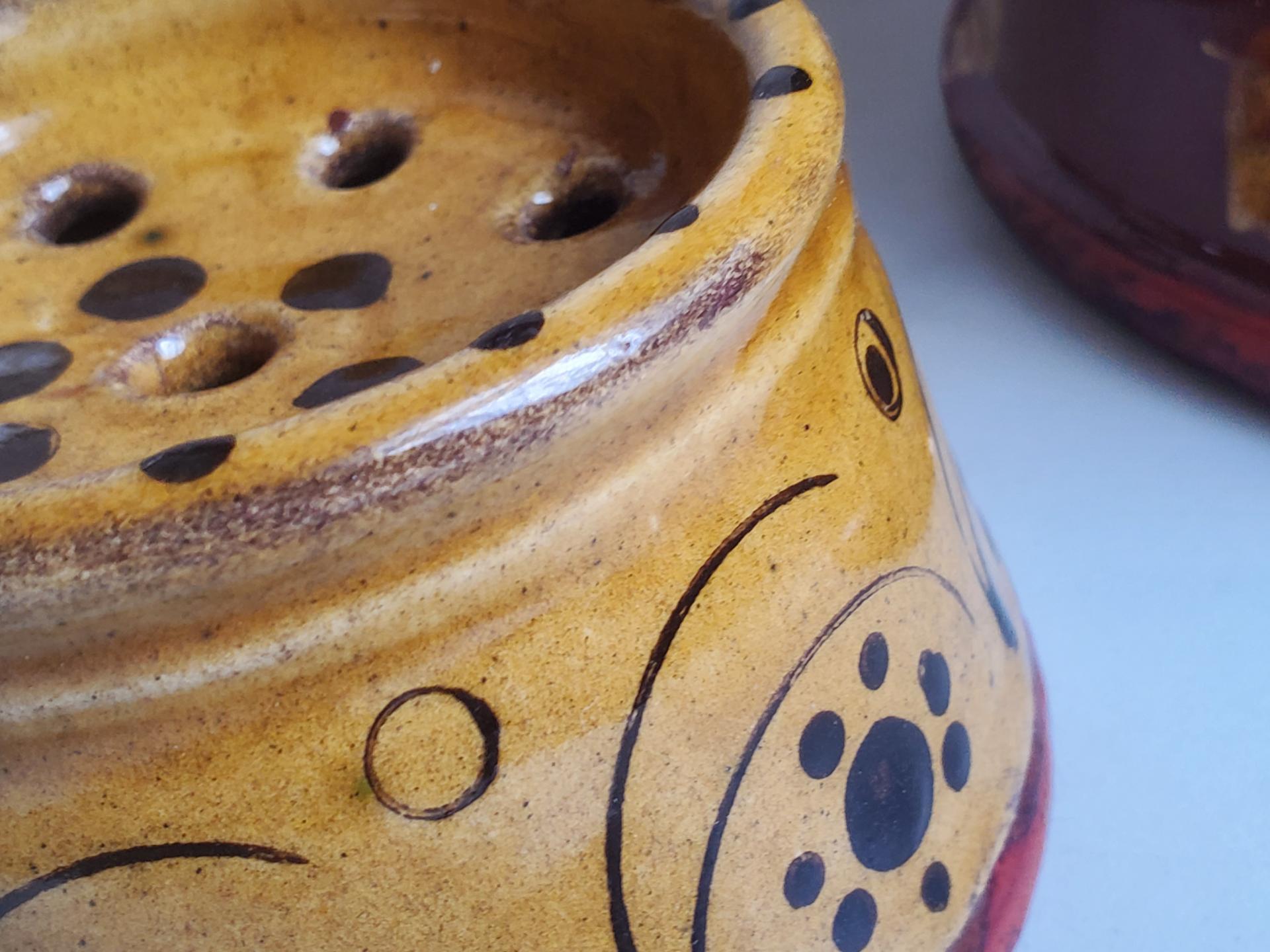 Redware Soap Dish with Stamped Arch and Dot Pattern