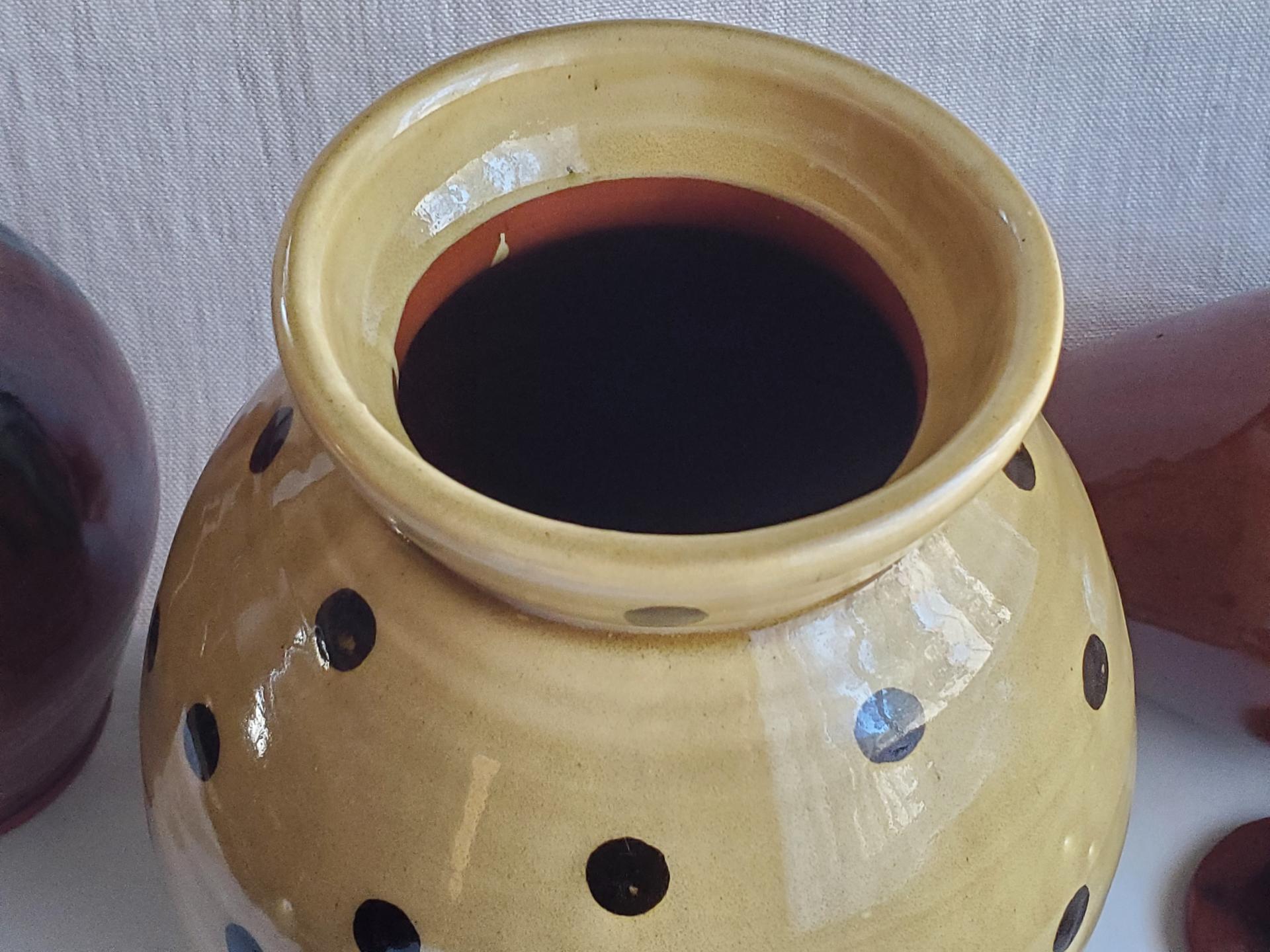 Large Redware 10 in Jar with Black Polka Dot Decoration