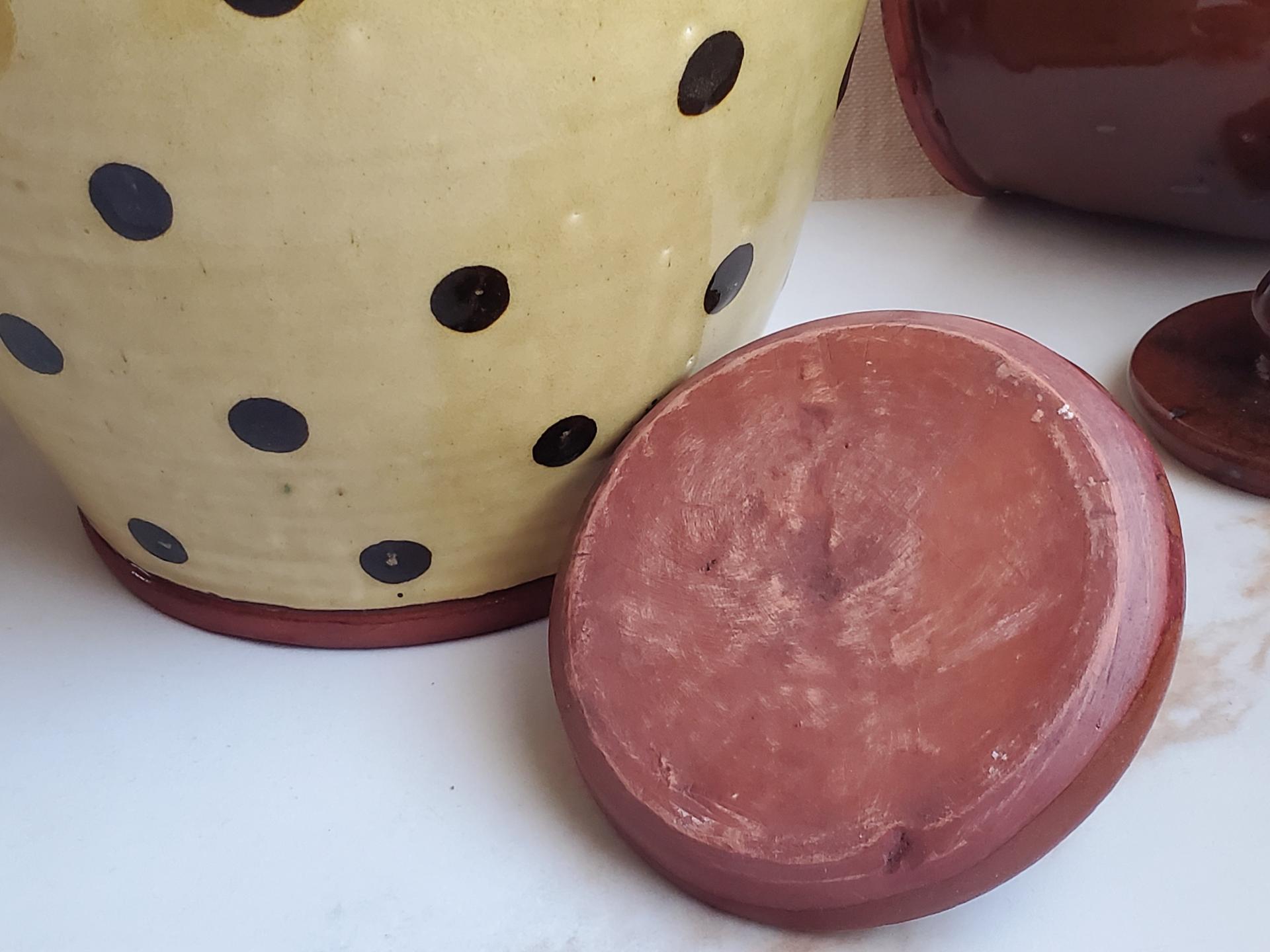 Large Redware 10 in Jar with Black Polka Dot Decoration