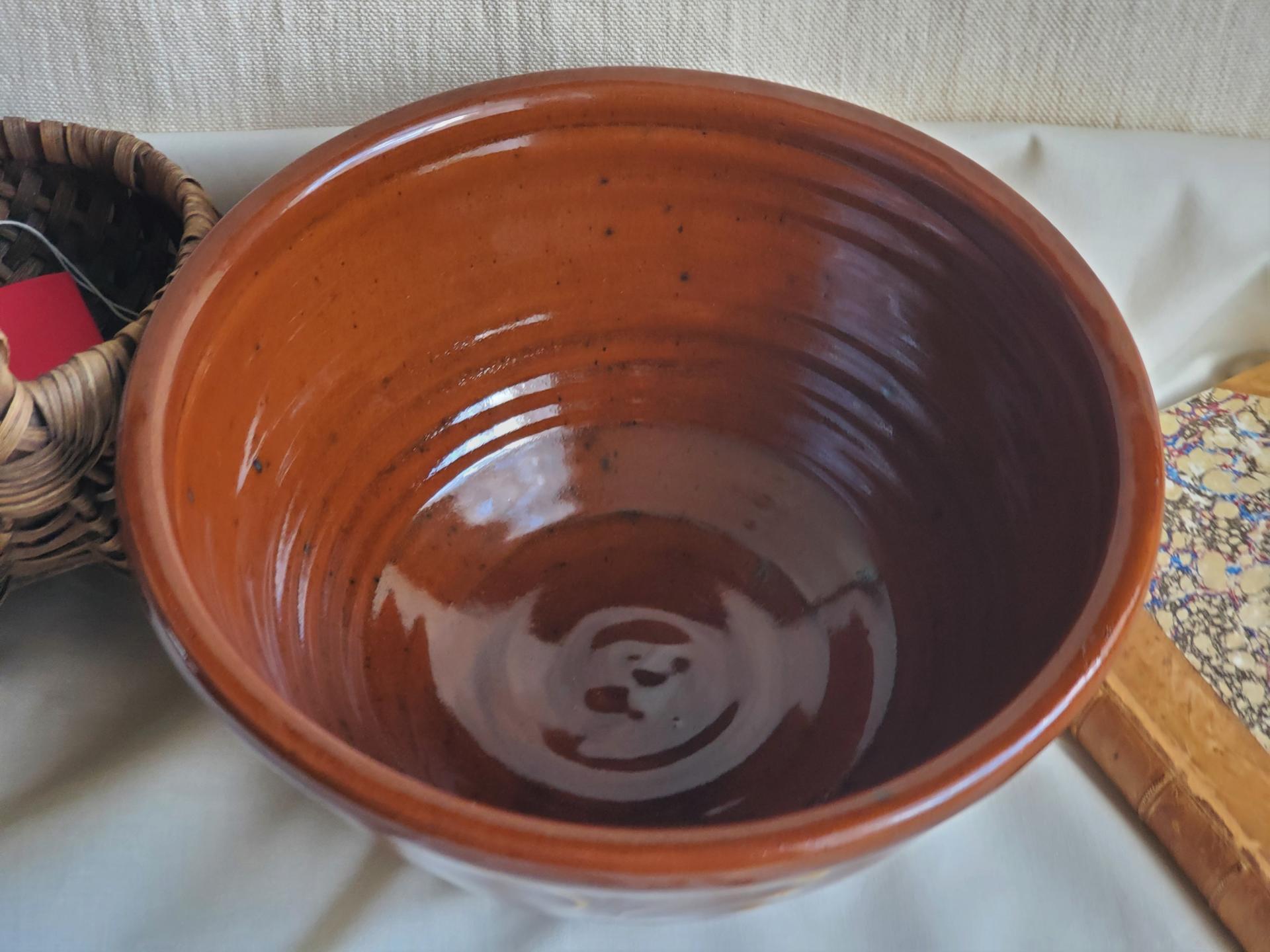 Redware 10 in Large Bowl with Feather Motif