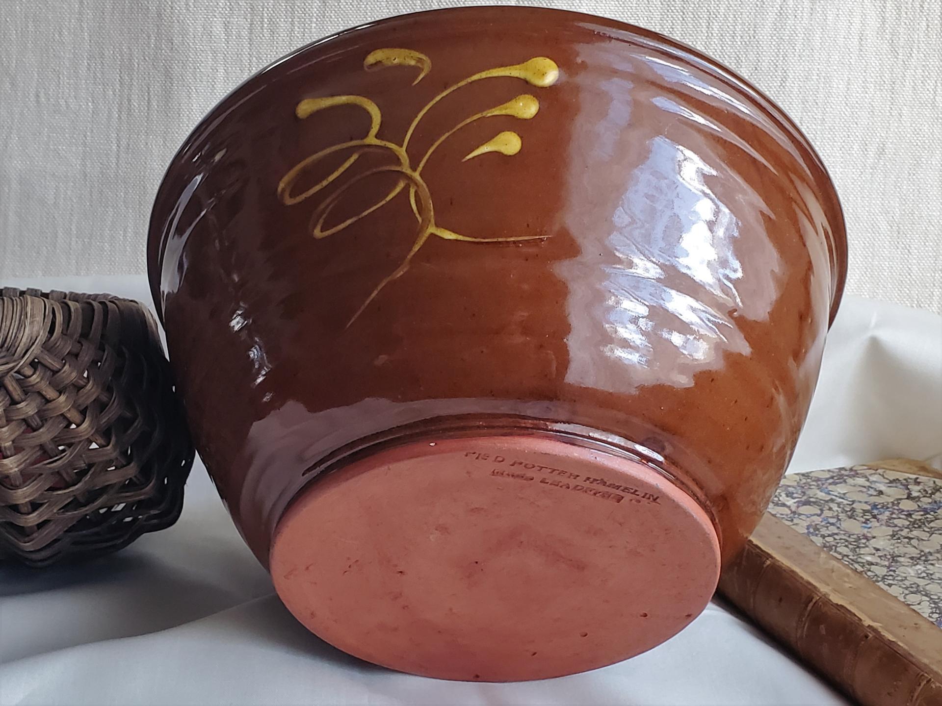 Redware 10 in Large Bowl with Feather Motif