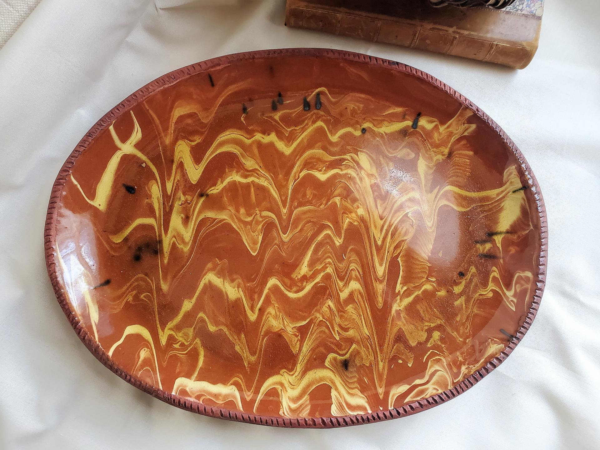 Redware Oval Platter with Marbled Motif