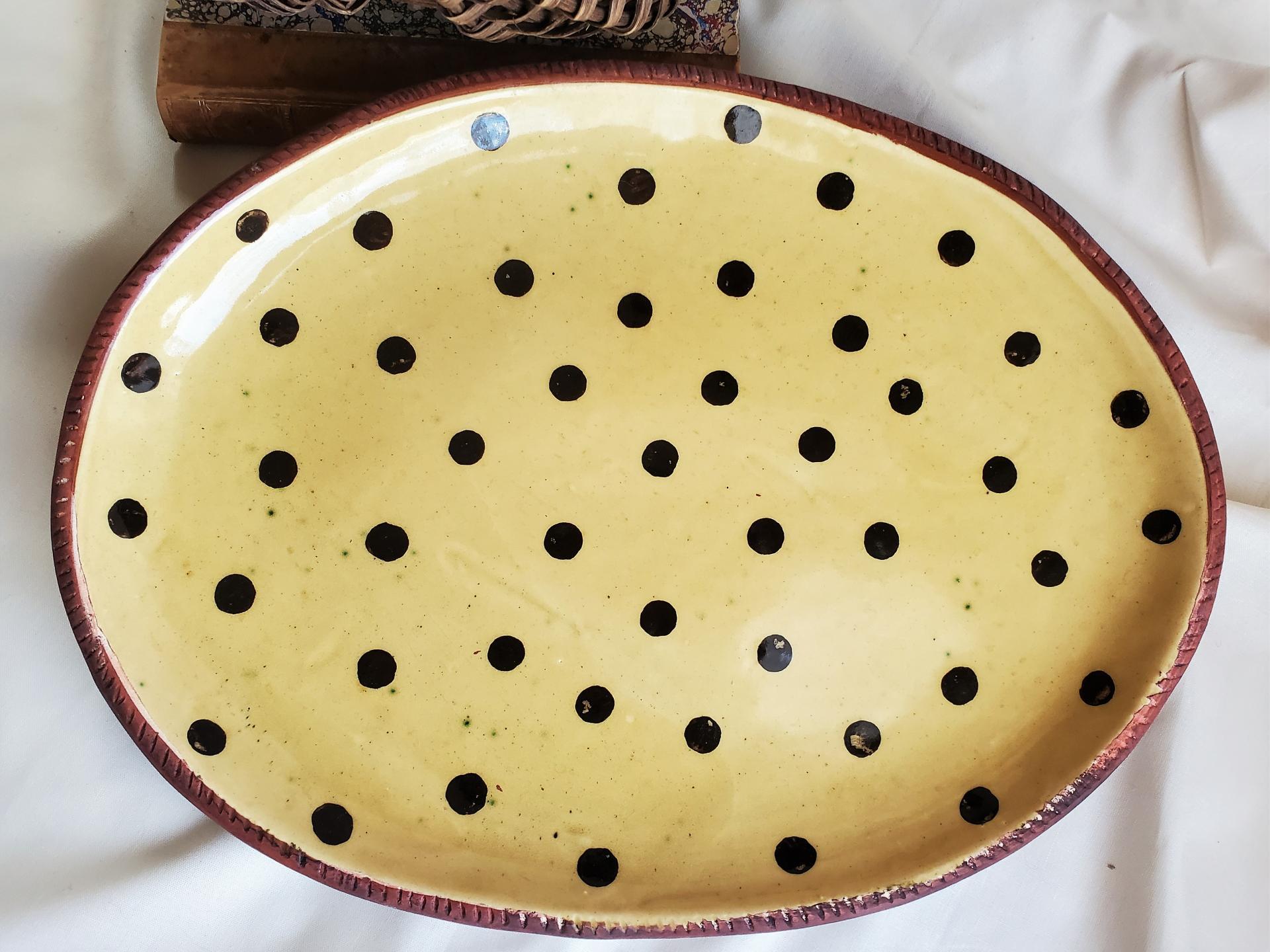 Redware Oval Platter with Black Polka Dots