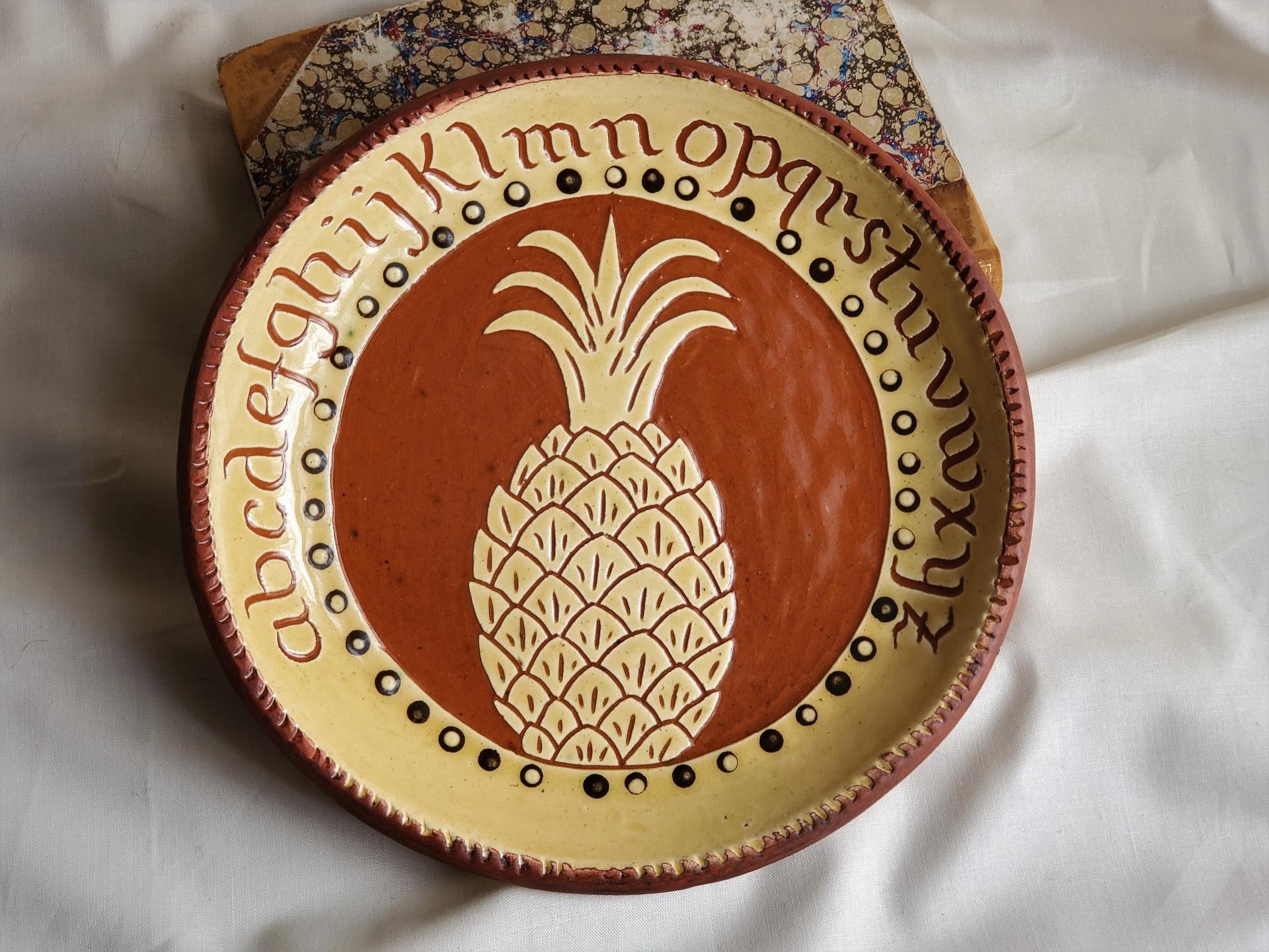 Redware 9 in Plate with Pineapple Sgraffito Motif