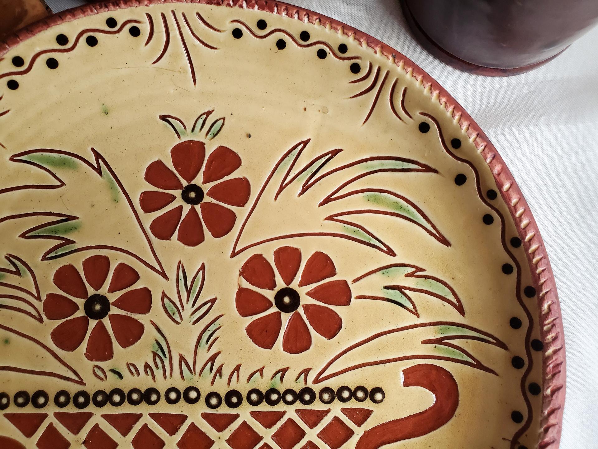 Redware 11 inch Plate with Flower Basket Sgraffito Motif