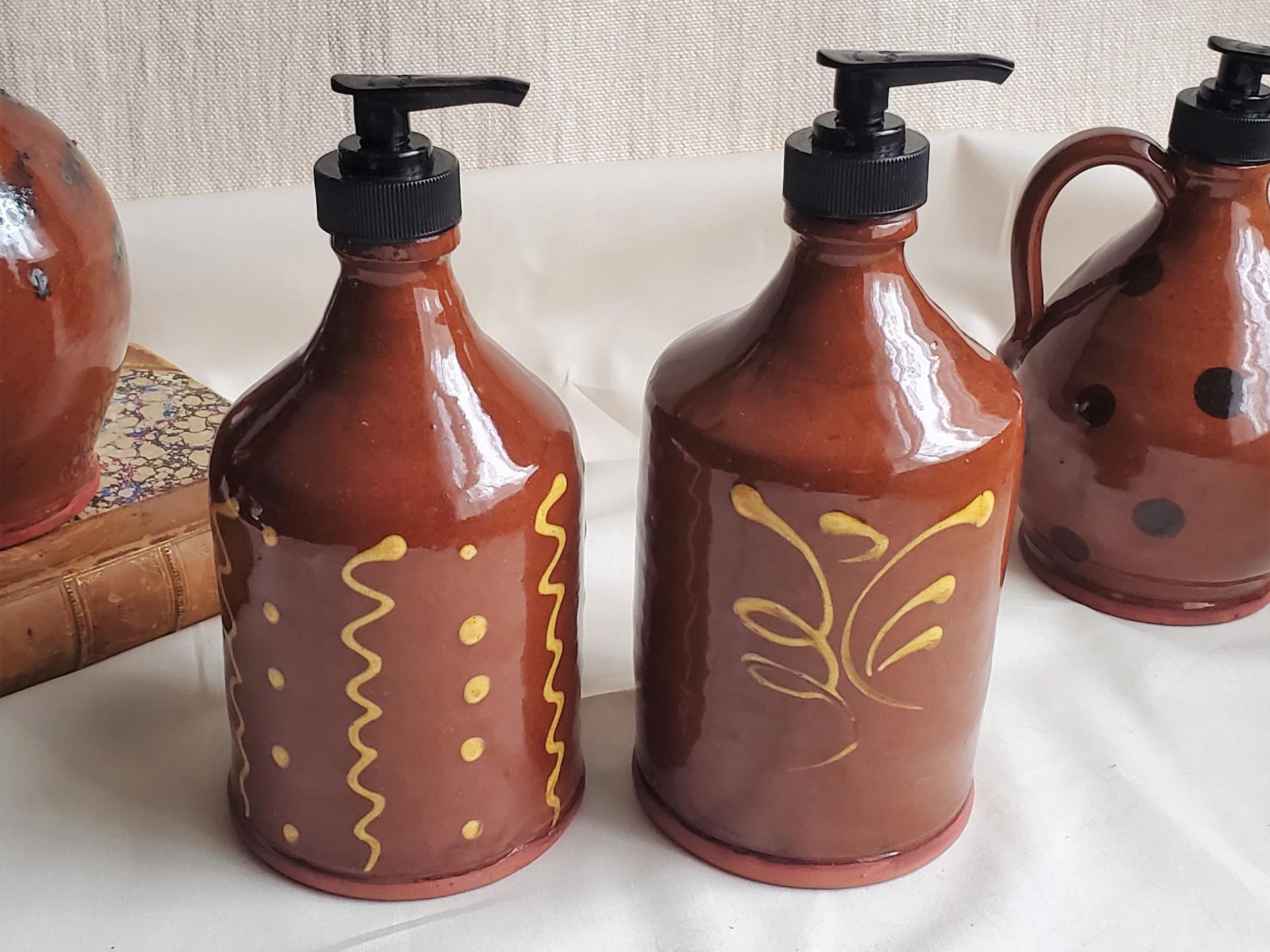 2 Redware Soap or Lotion Dispenser Bottles