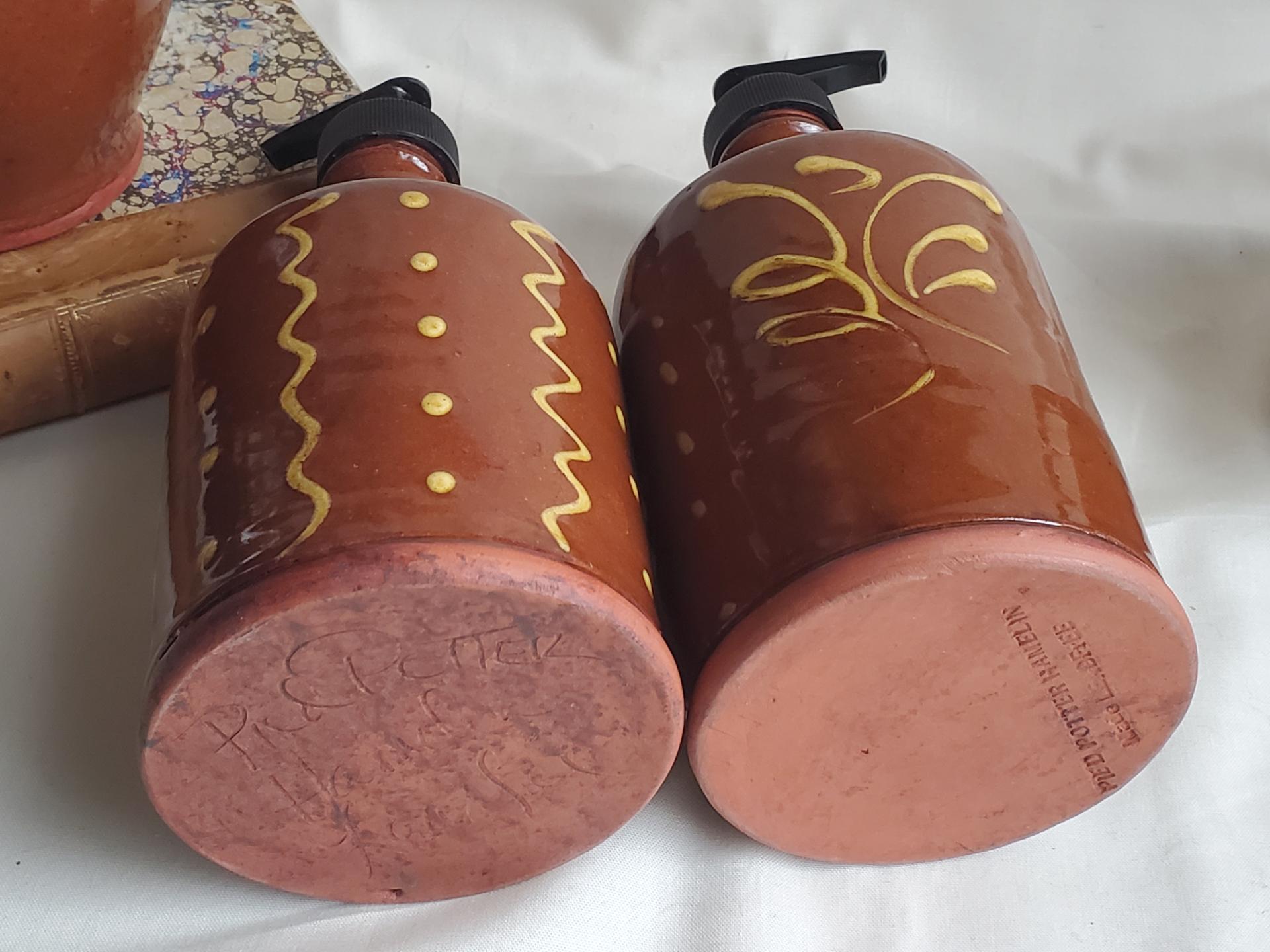 2 Redware Soap or Lotion Dispenser Bottles