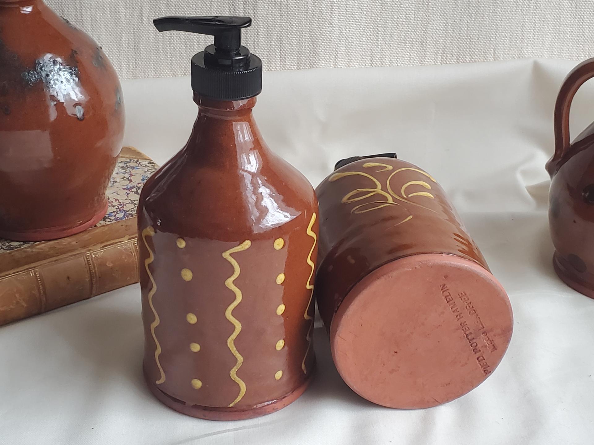 2 Redware Soap or Lotion Dispenser Bottles