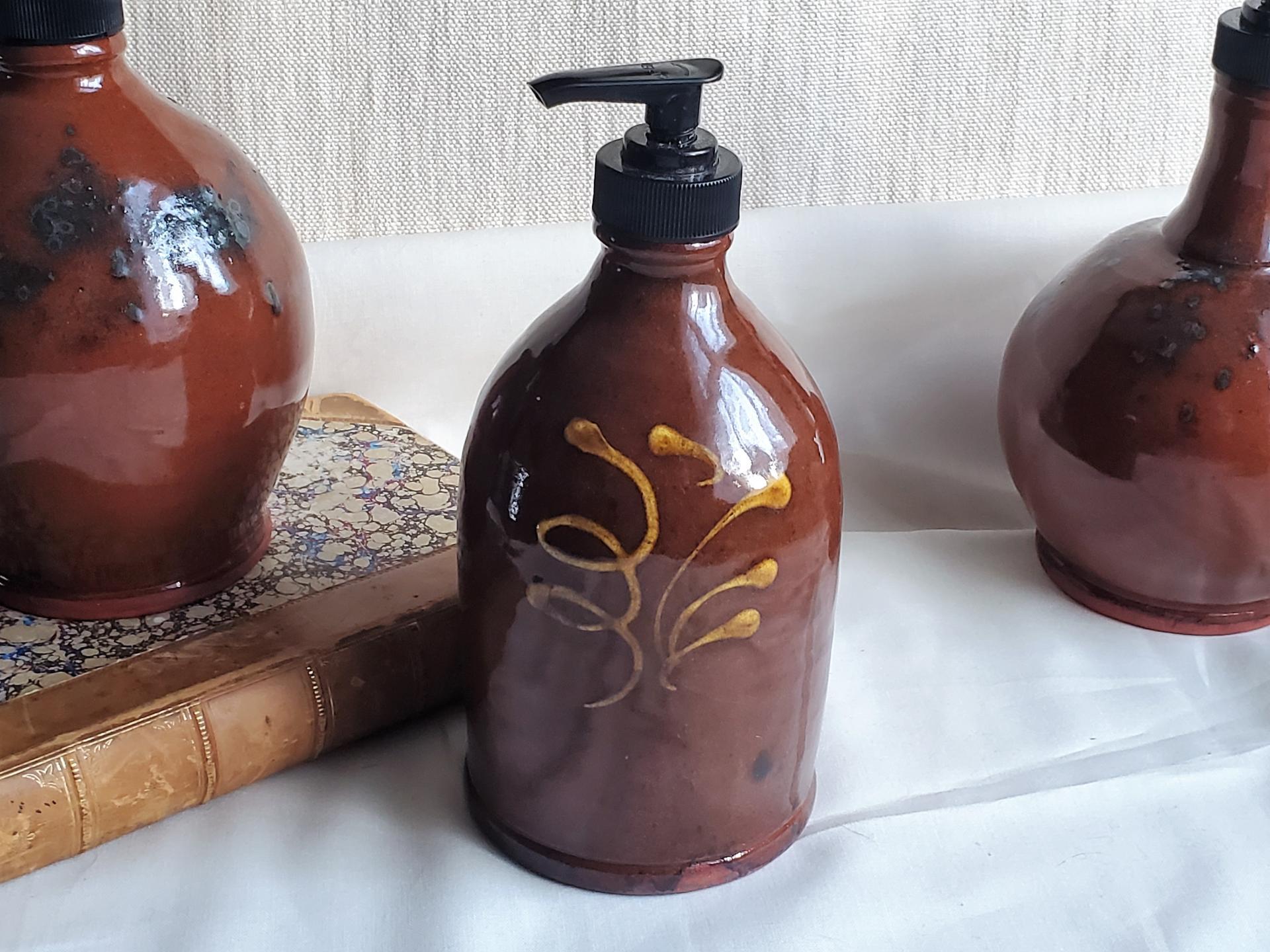 Redware Soap/Lotion Dispenser Bottle with Feather Motif