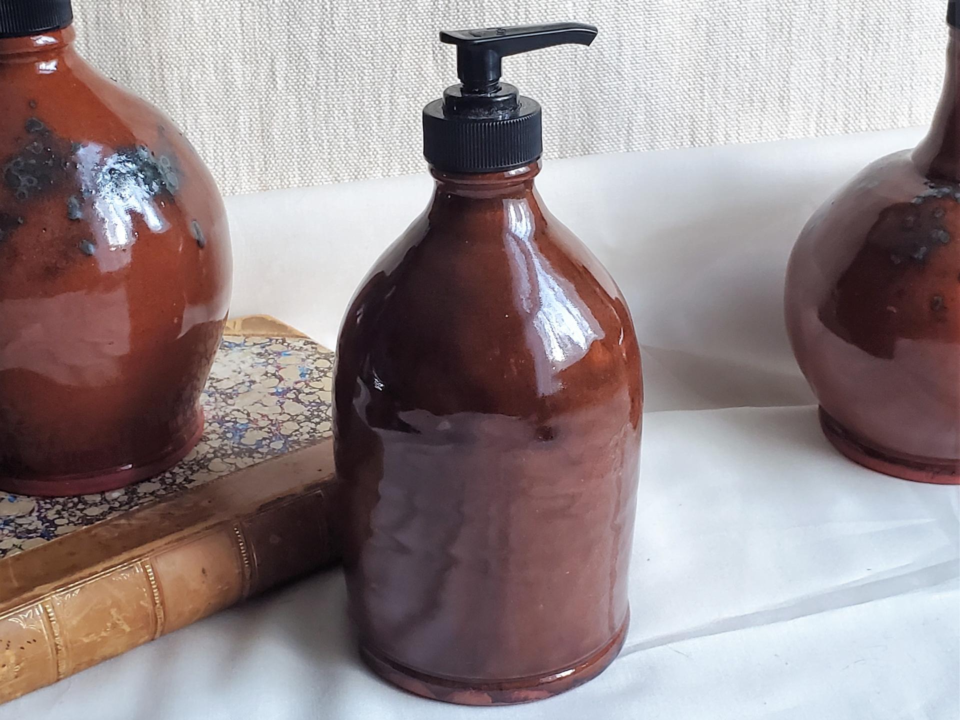 Redware Soap/Lotion Dispenser Bottle with Feather Motif