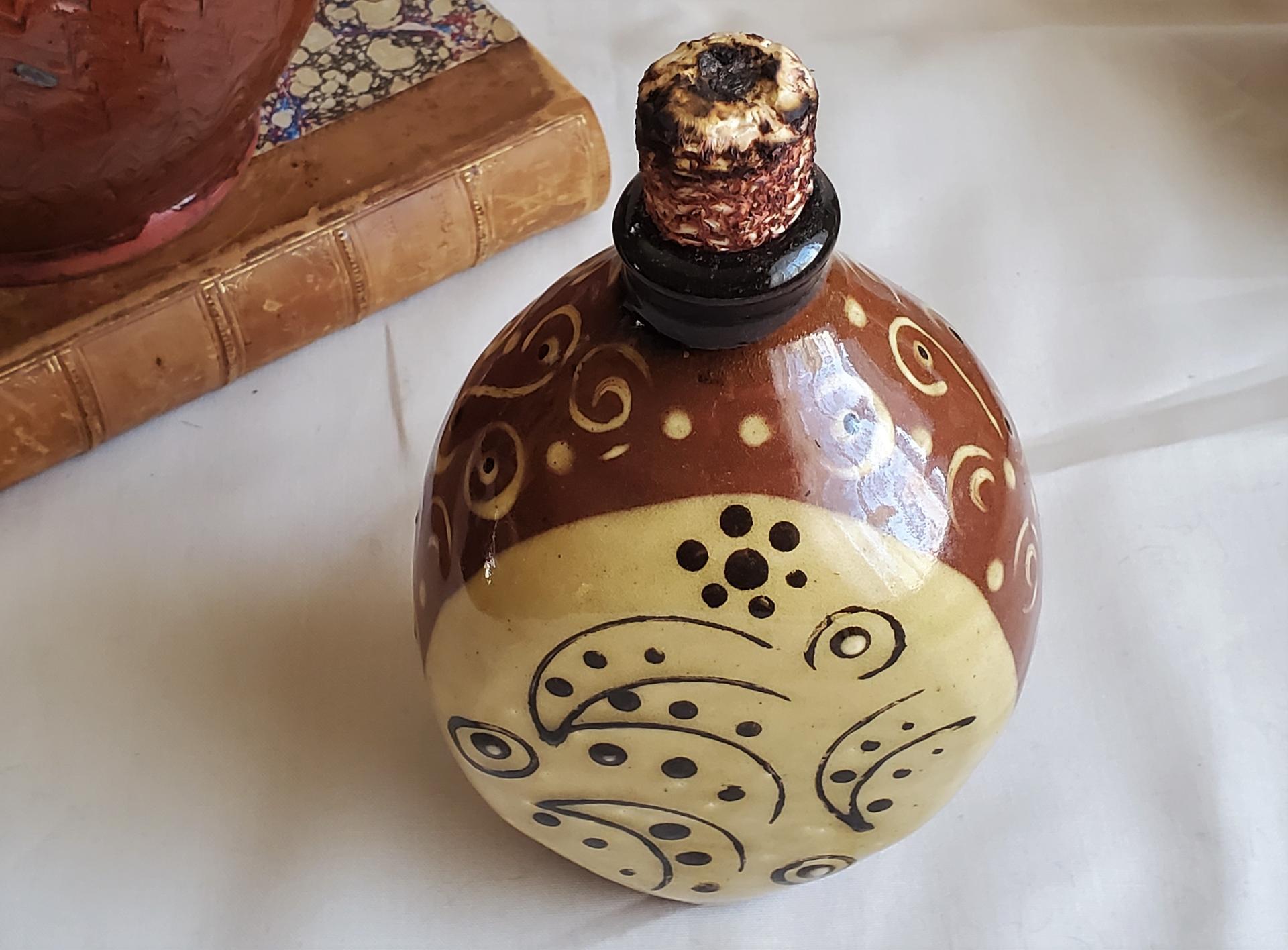 Redware Bottle with Stamped Decoration and Lead-Free Glaze
