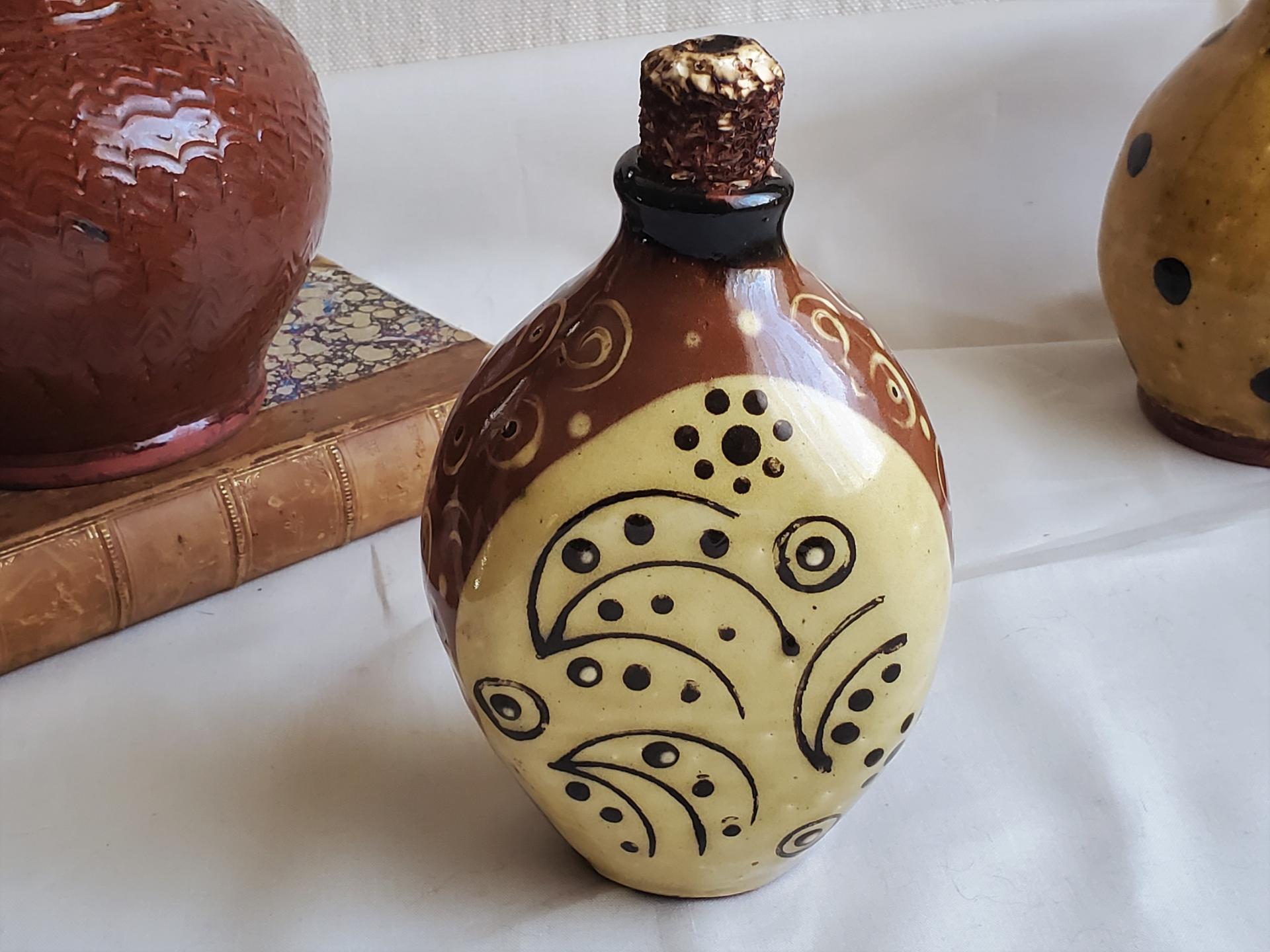Redware Bottle with Stamped Decoration and Lead-Free Glaze