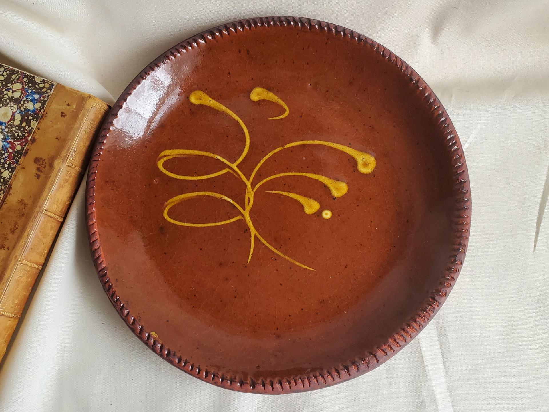 Redware 9 in. Plate with "Feather" Motif