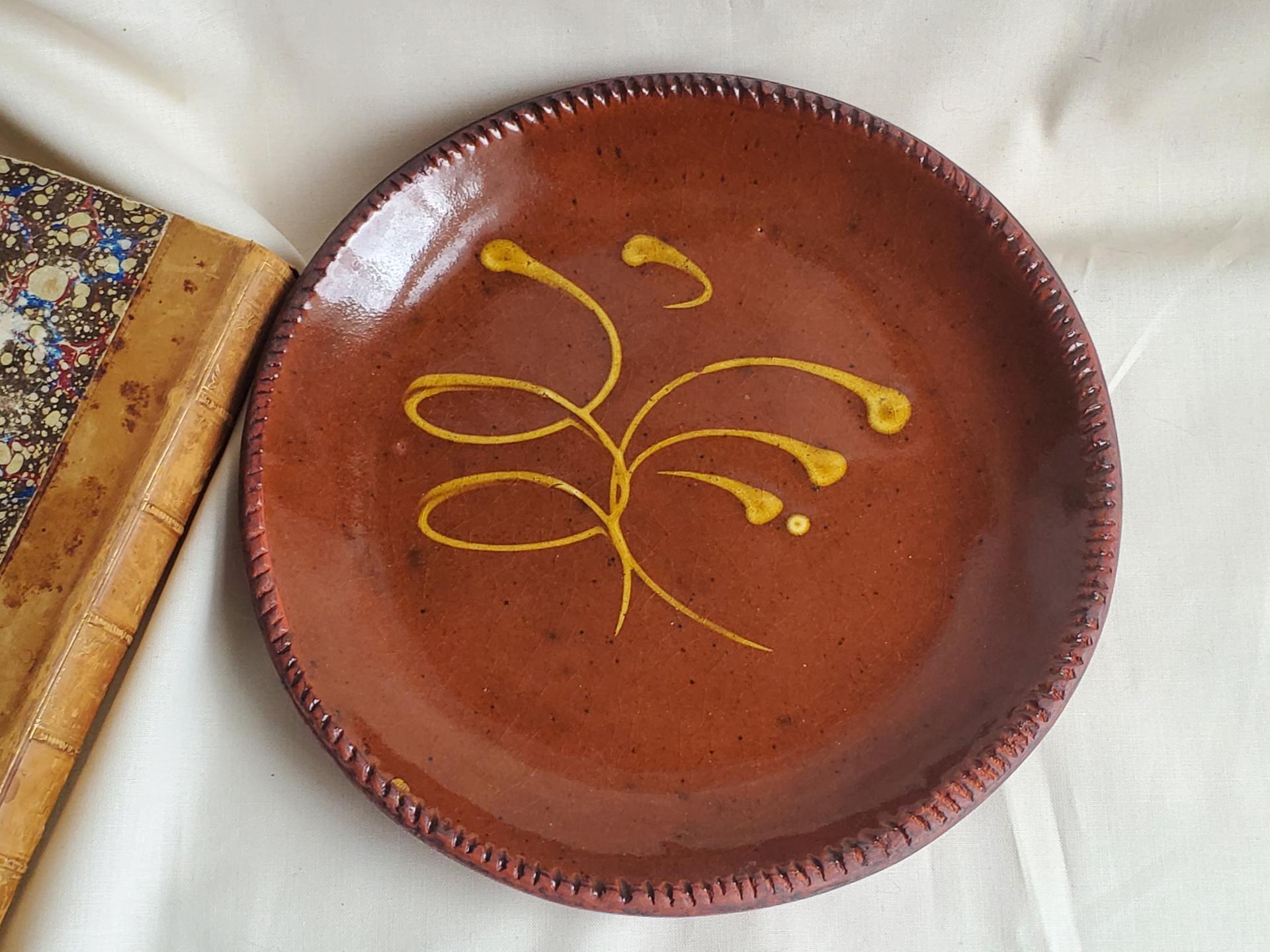 Redware 9 in. Plate with "Feather" Motif