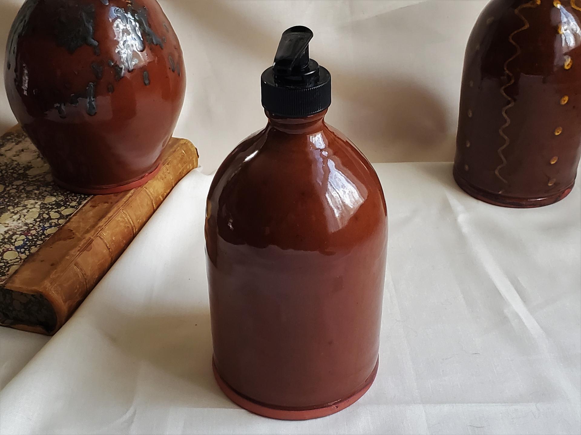 Redware Soap/Lotion Dispenser Bottle with Feather Motif