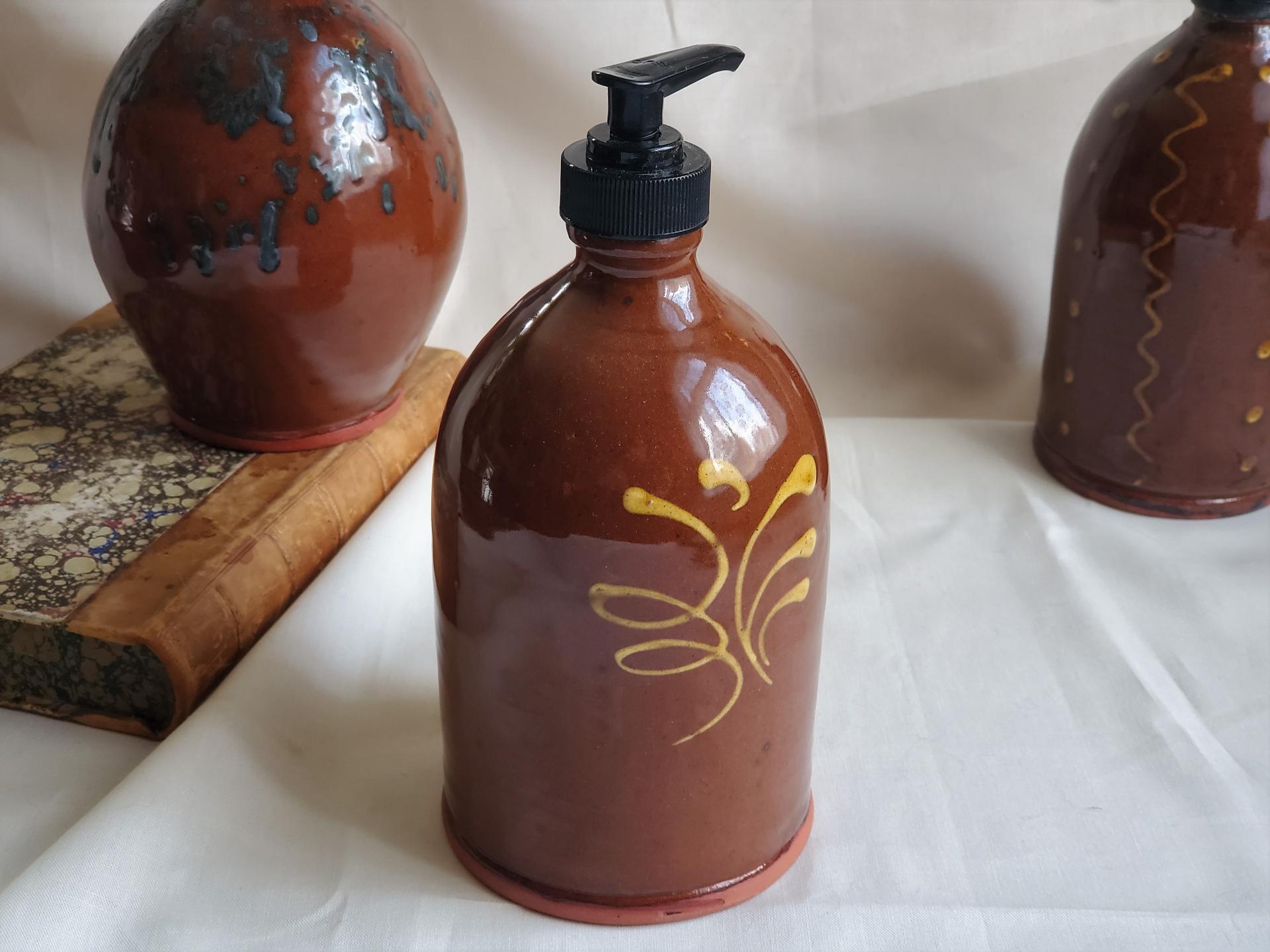 Redware Soap/Lotion Dispenser Bottle with Feather Motif