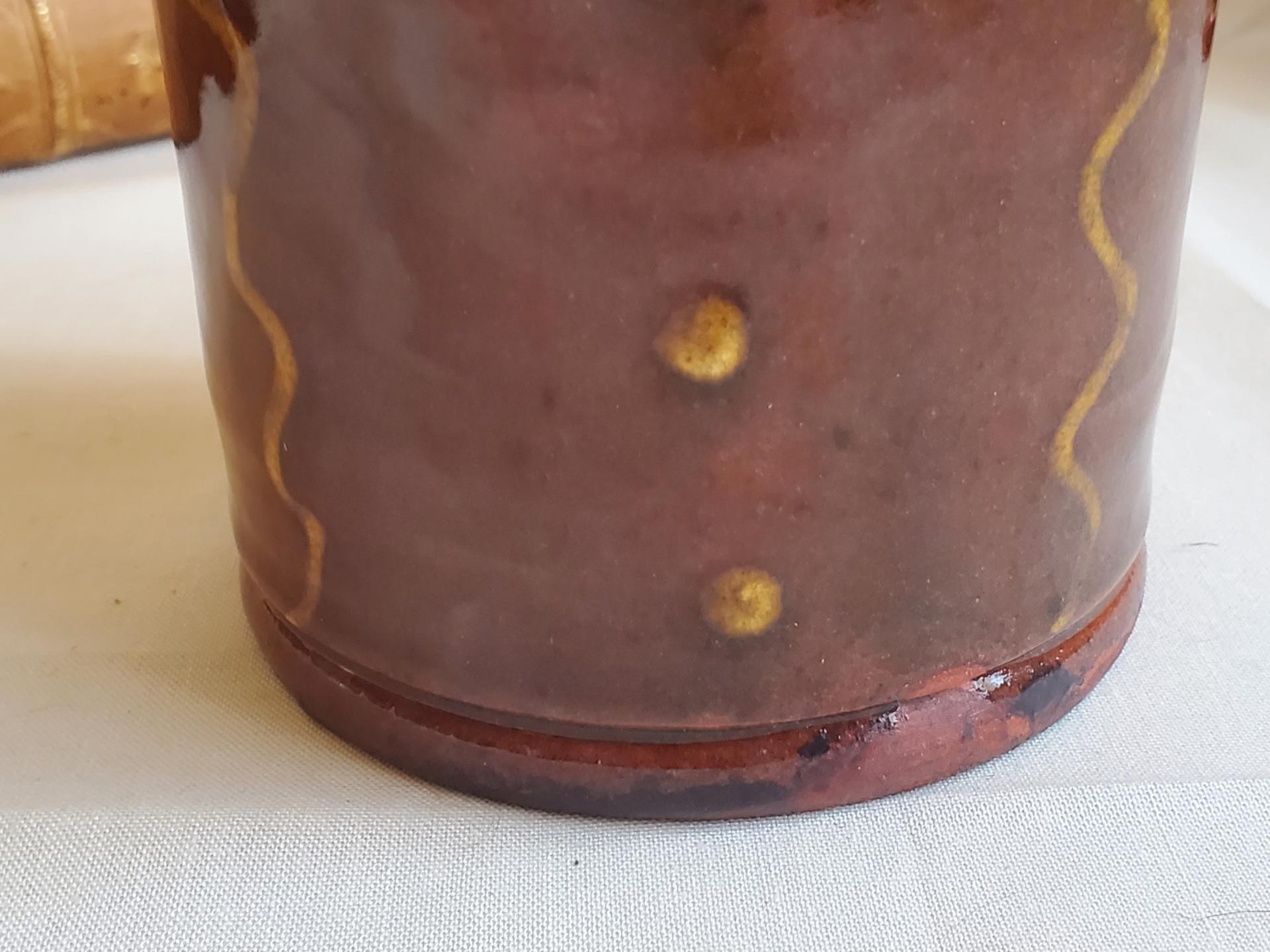 Redware Soap/Lotion Dispenser Bottle with Squiggles and Dots Pattern