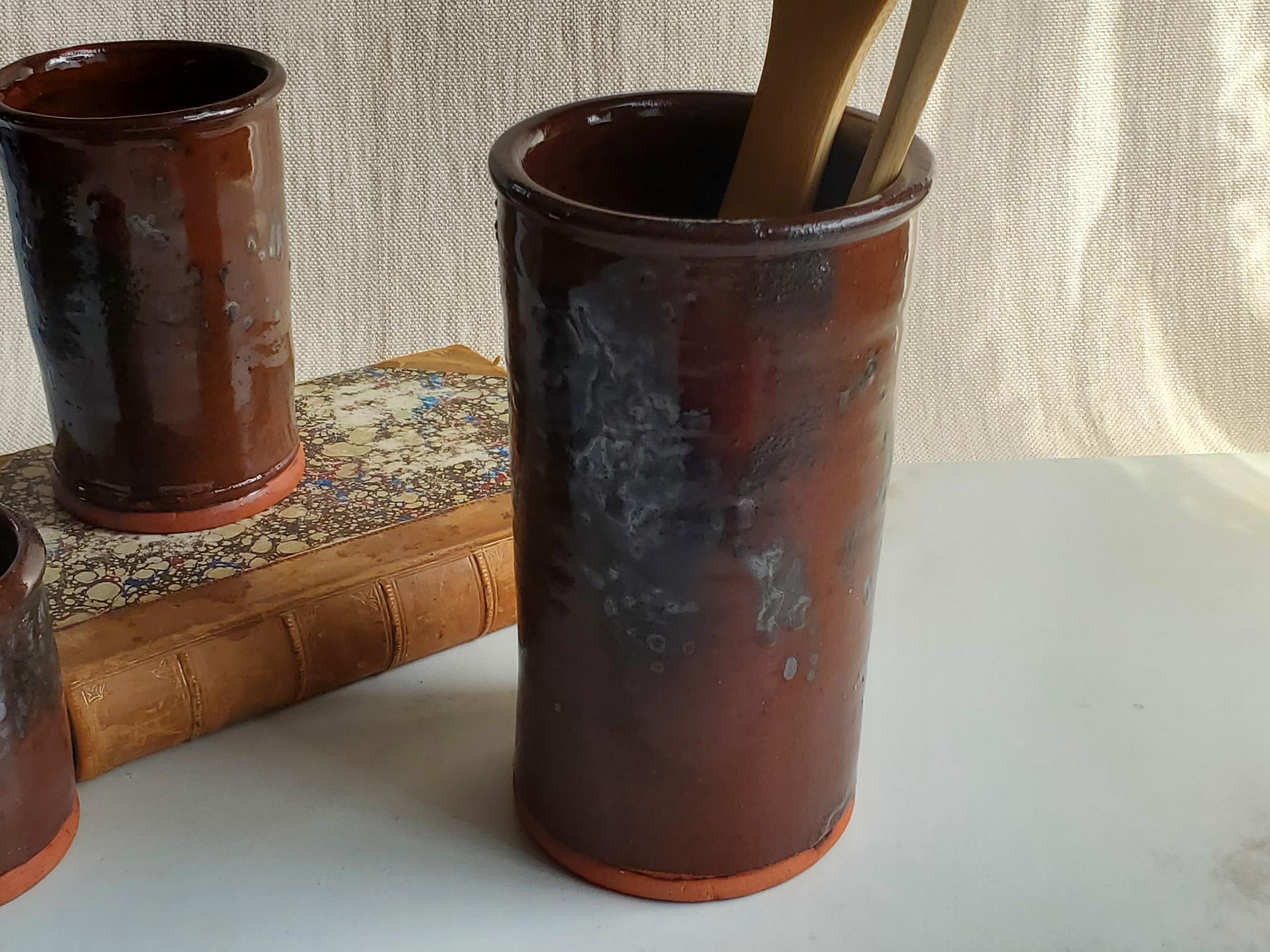 Large Redware Utensil Jar with Spangles