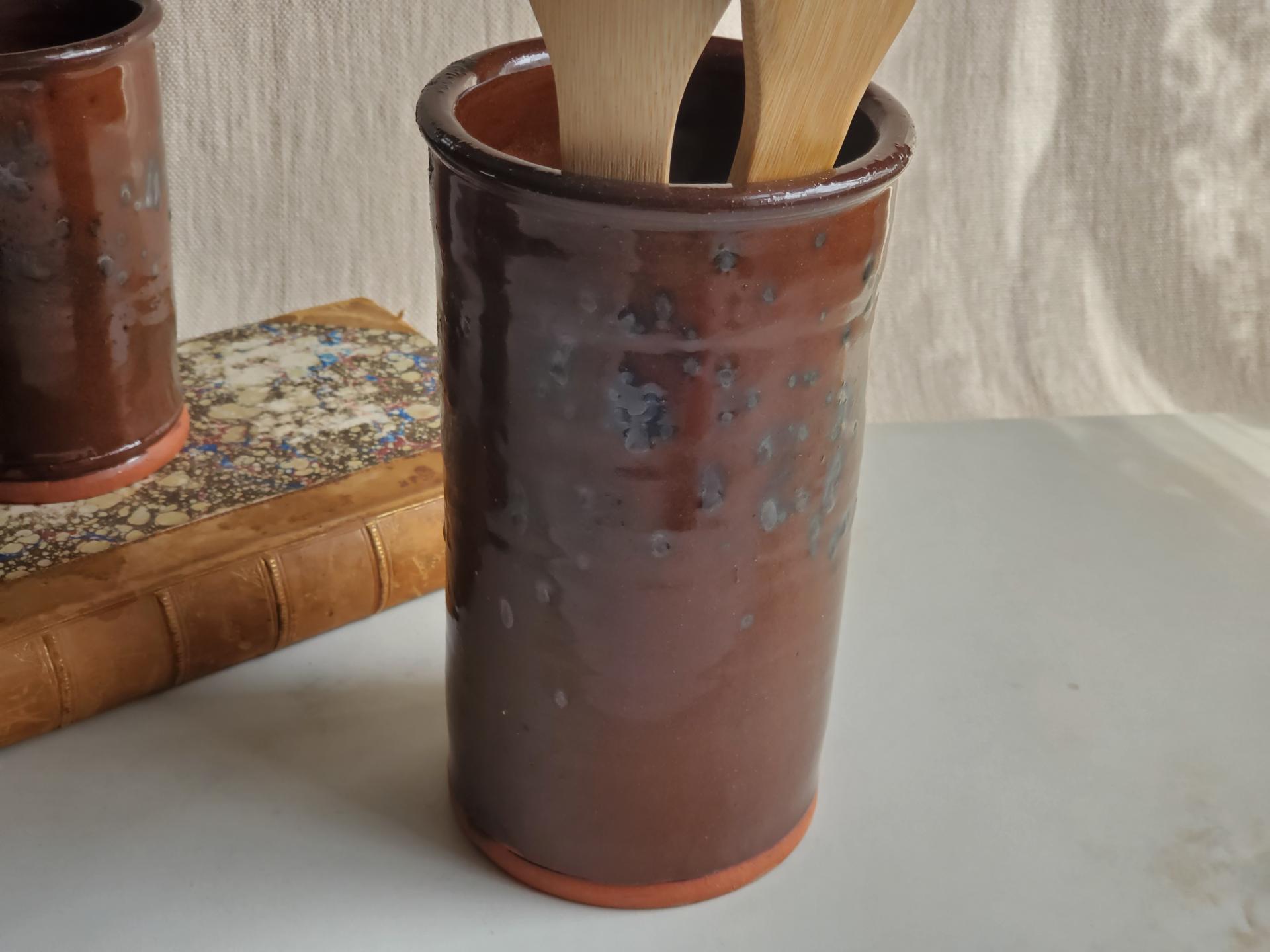 Large Redware Utensil Jar with Spangles