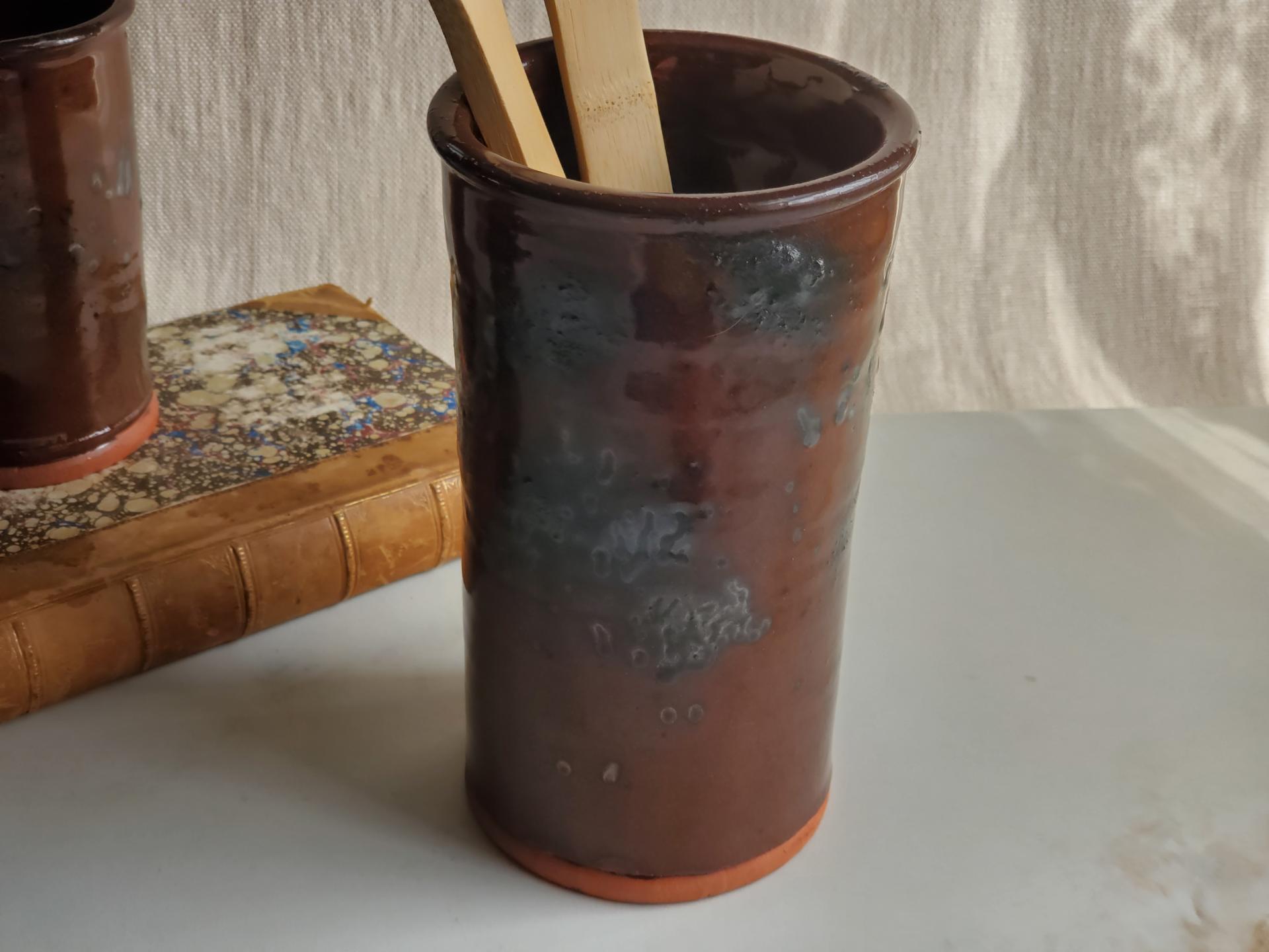 Large Redware Utensil Jar with Spangles