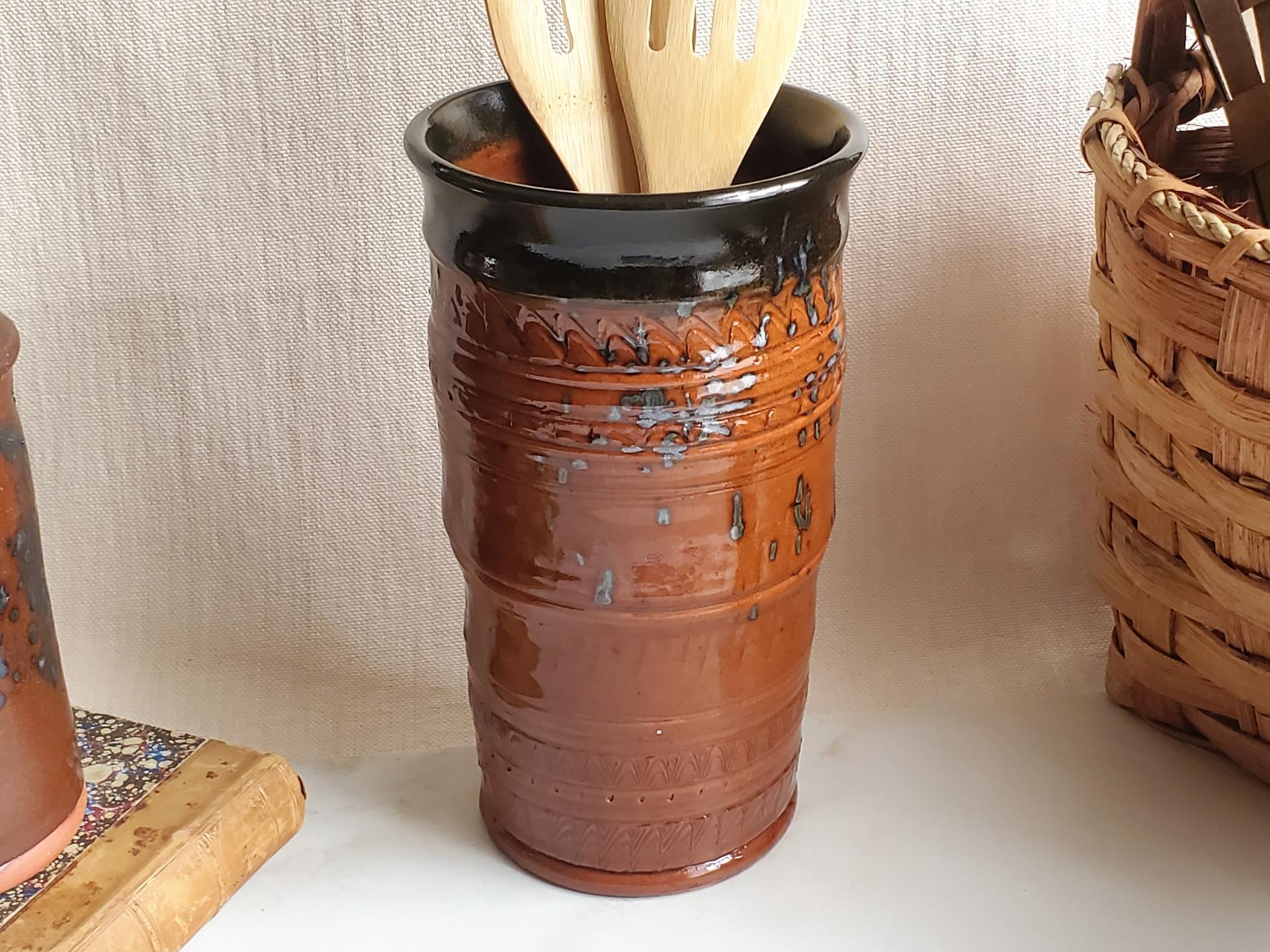 Large Redware Utensil Jar with Spangles