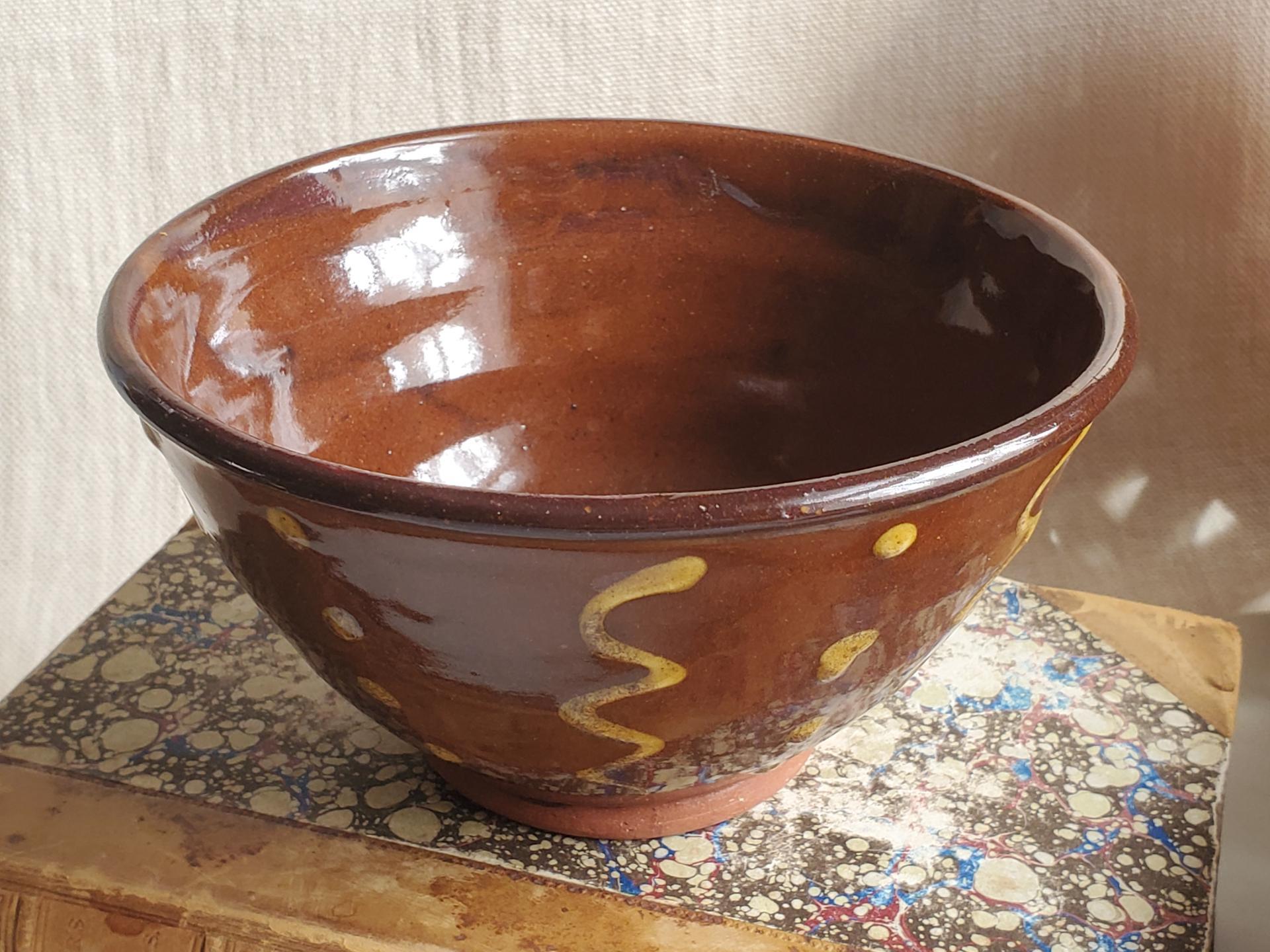 Redware 6 inch Bowl with "Squiggles and Dots" Pattern