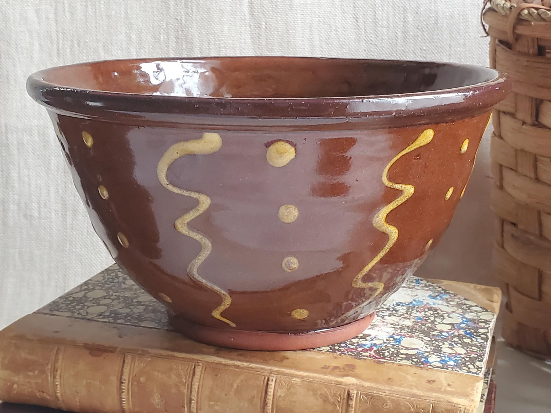 Redware 8 in Large Bowl with Squiggles and Dots pattern