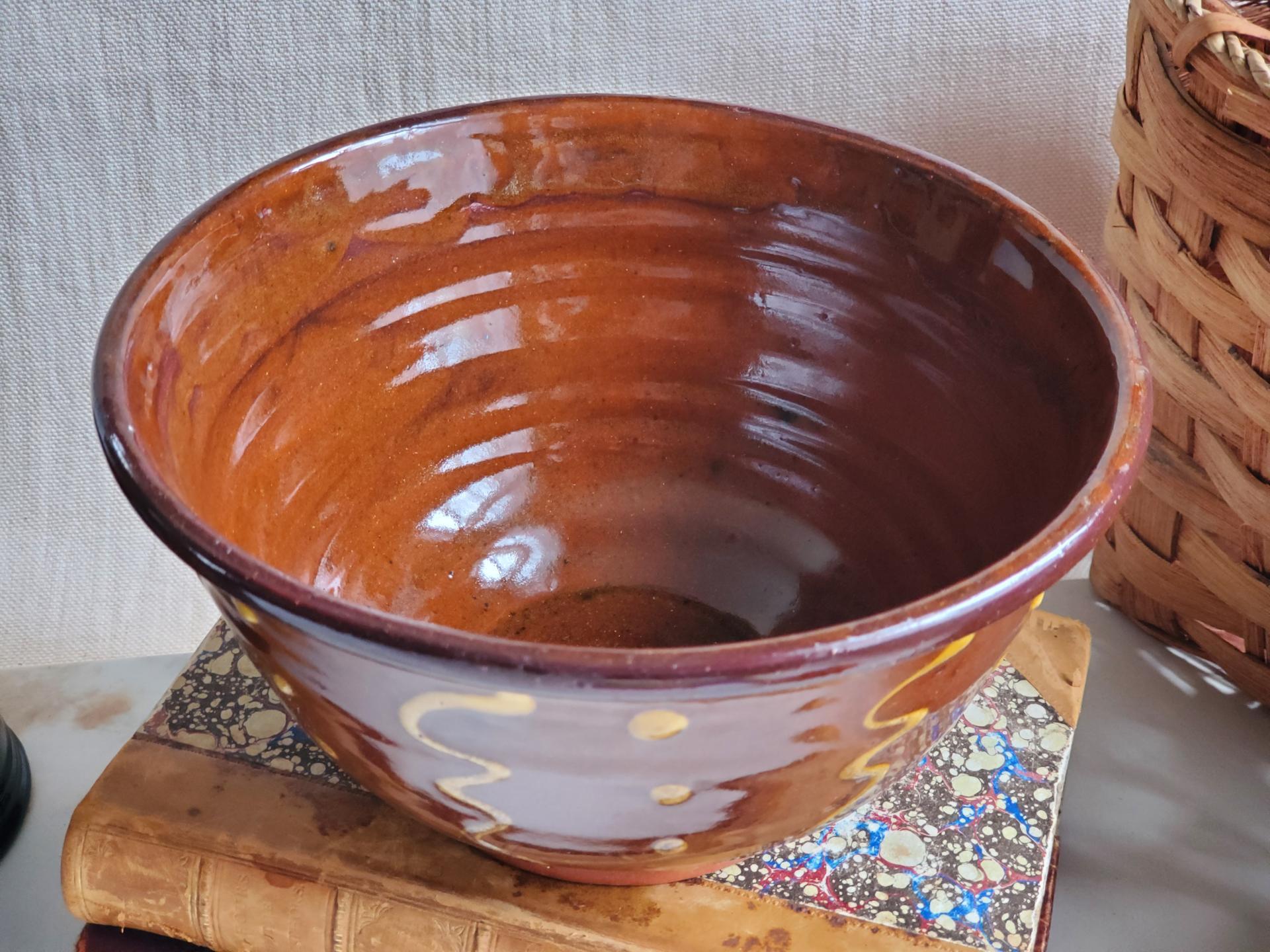 Redware 8 in Large Bowl with Squiggles and Dots pattern