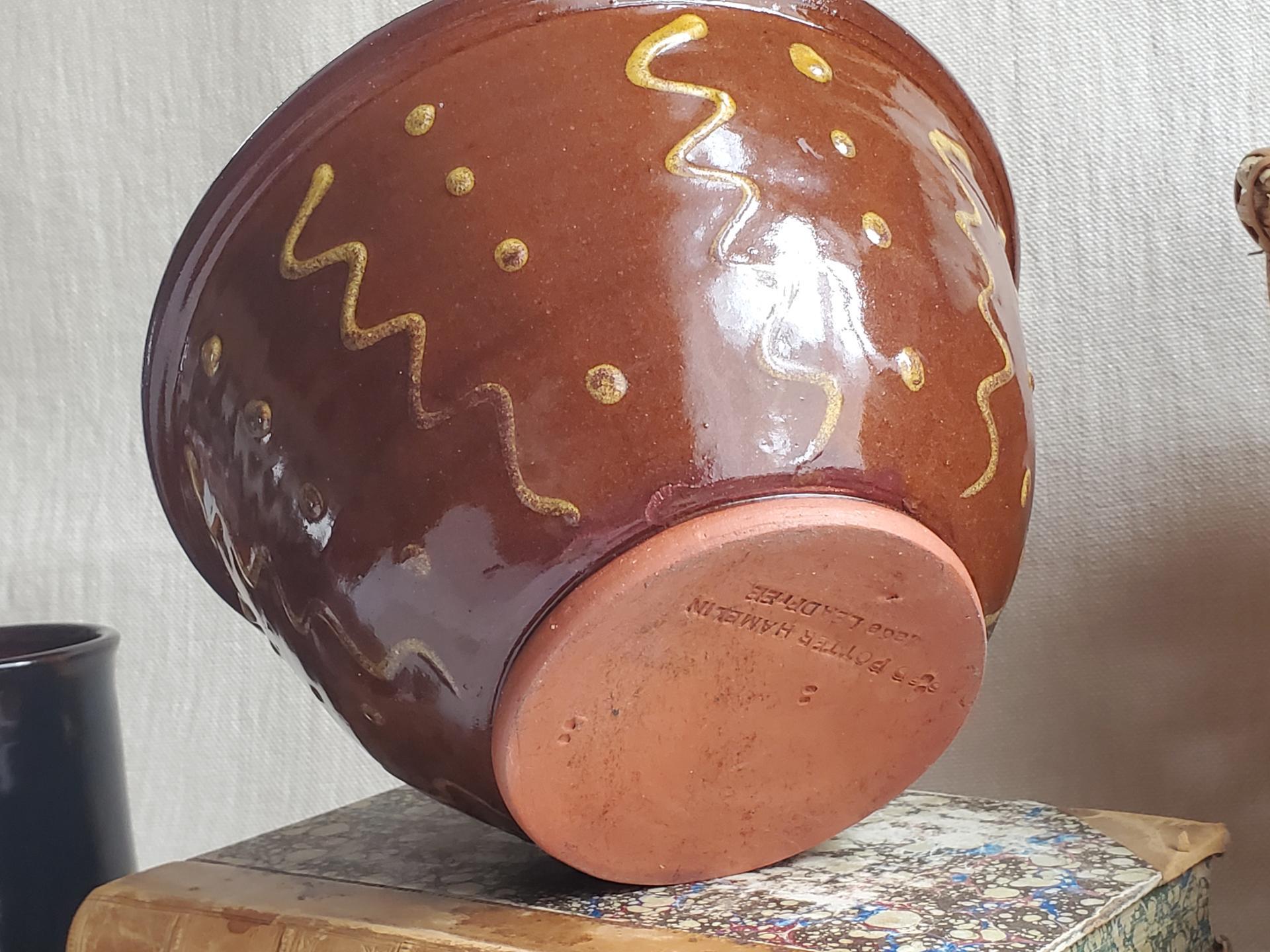 Redware 8 in Large Bowl with Squiggles and Dots pattern