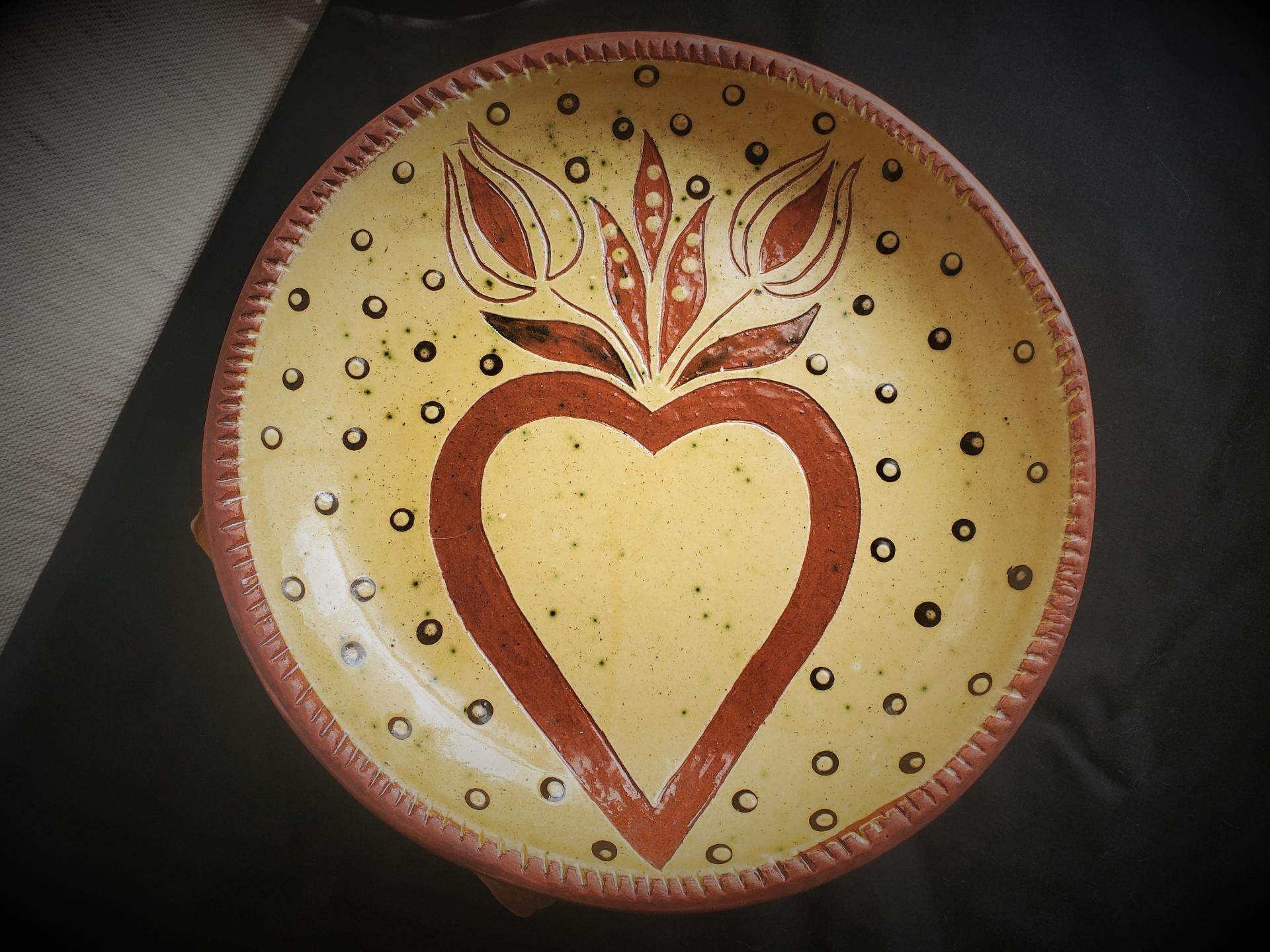 Redware 9 in Plate with Heart and Tulips Sgraffito Motif
