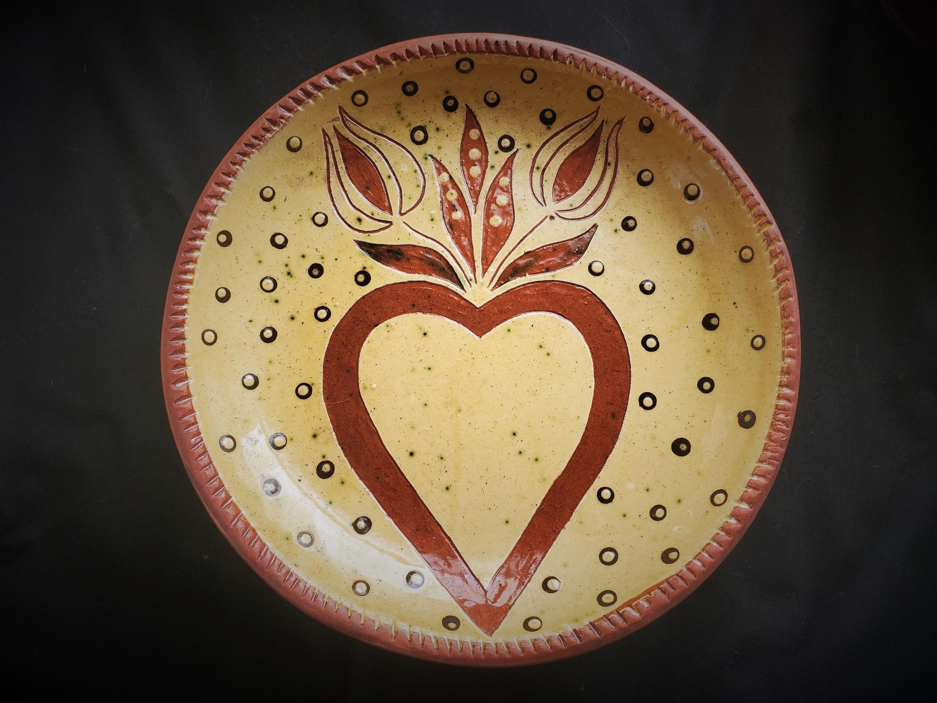 Redware 9 in Plate with Heart and Tulips Sgraffito Motif