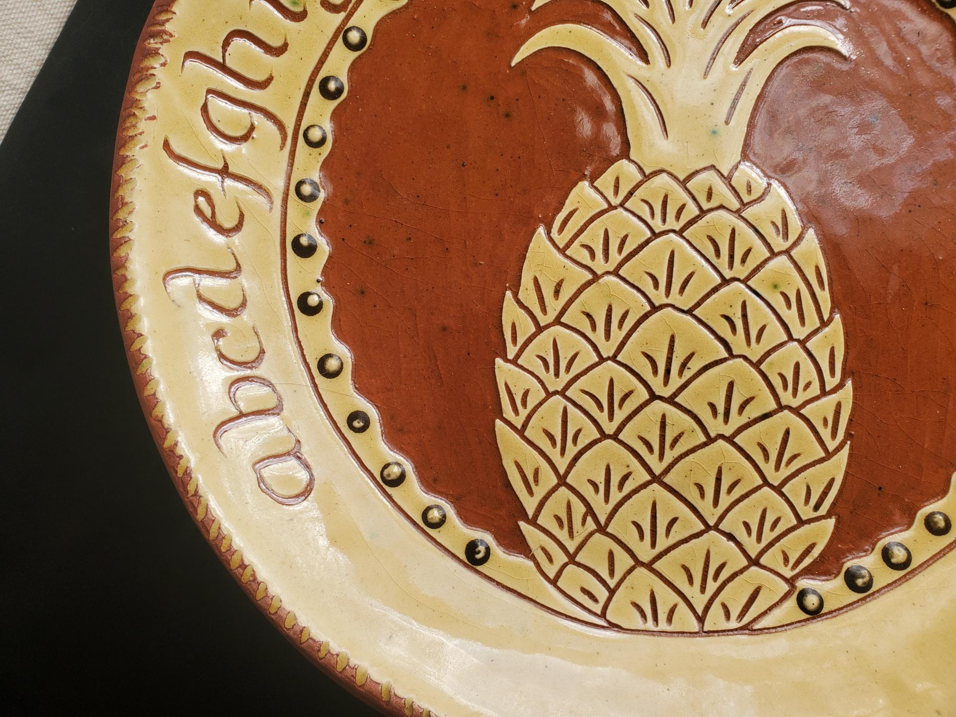 Redware 11 in Plate with Pineapple Sgraffito Motif